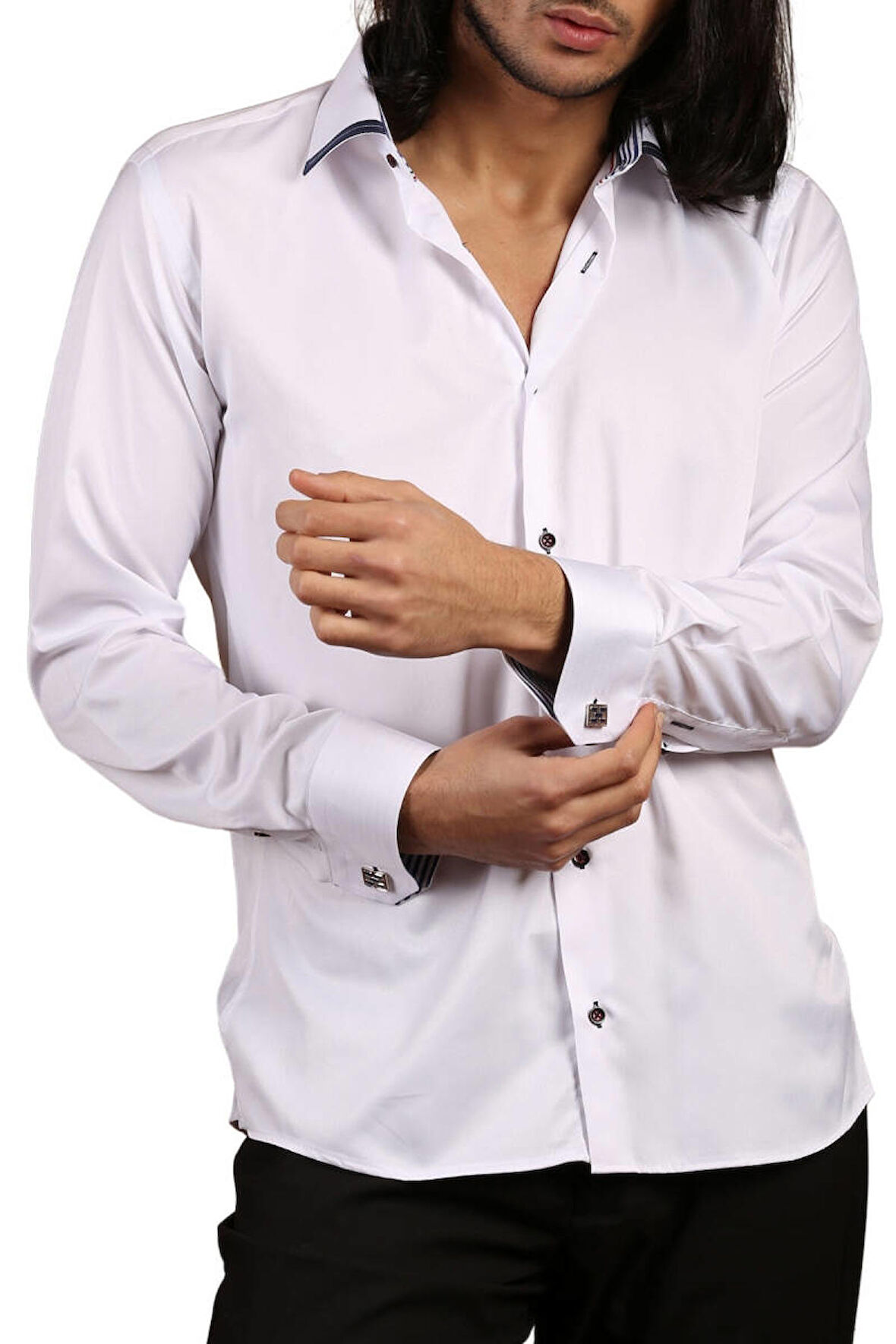 Beyaz Lacivert Bieli Yaka Dar Kesim Micro Kumaş Kol Düğmeli Slim Fit Erkek Gömlek - 200-1