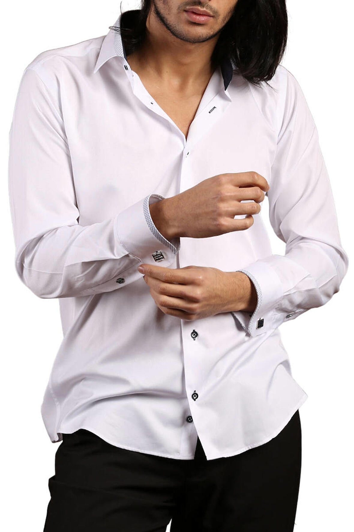 Beyaz Lacivert Bieli Yaka Dar Kesim Micro Kumaş Kol Düğmeli Slim Fit Erkek Gömlek - 200-3