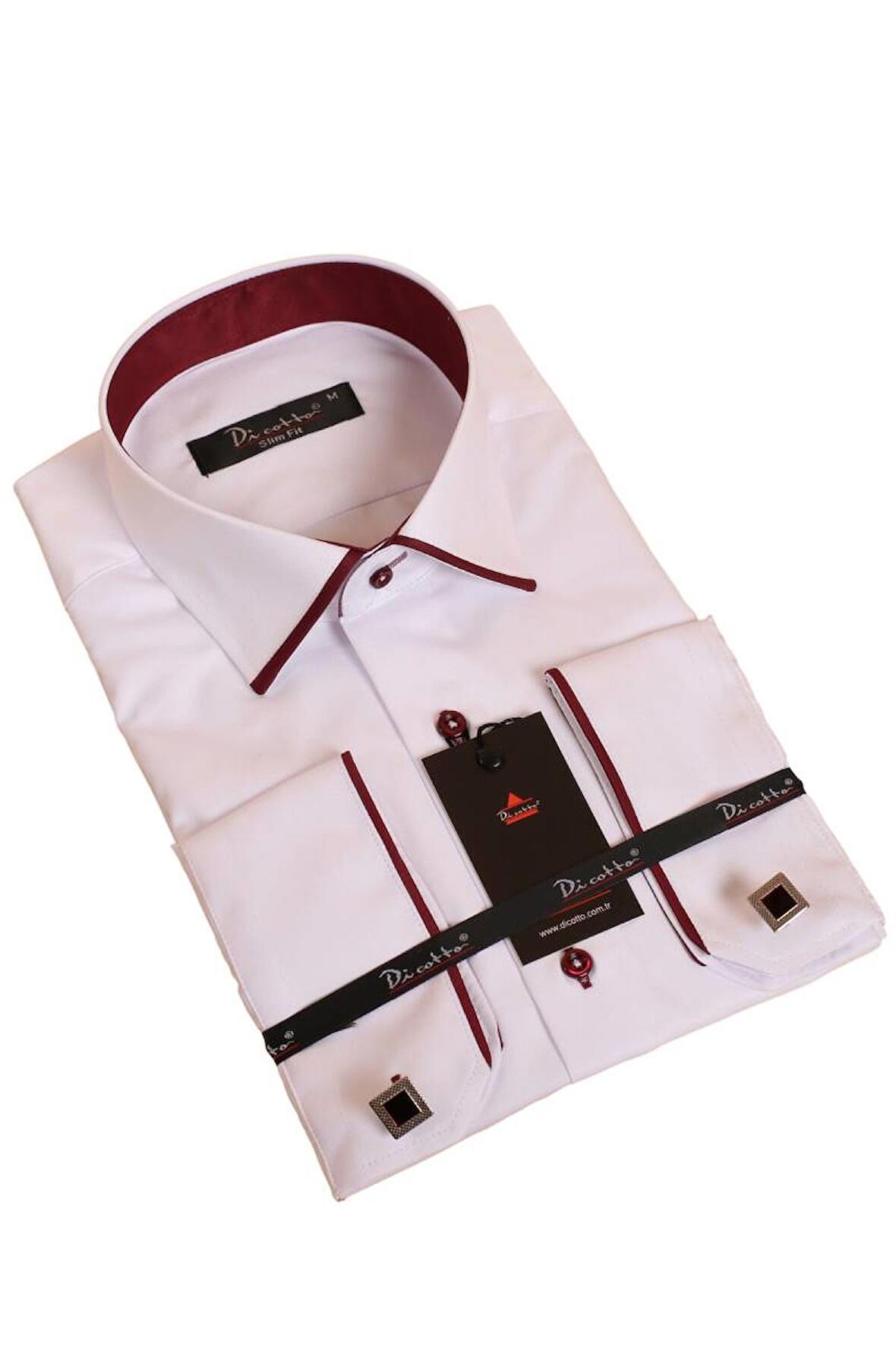 Beyaz Bordo Bieli Yaka Dar Kesim Micro Kumaş Kol Düğmeli Slim Fit Erkek Gömlek - 216-3
