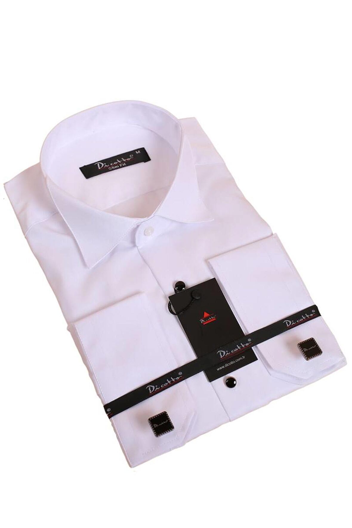 Beyaz Siyah Taş Düğmeli Damatlık Ata Yaka Kol Düğmeli Slim Fit Smokin Gömlek - 006