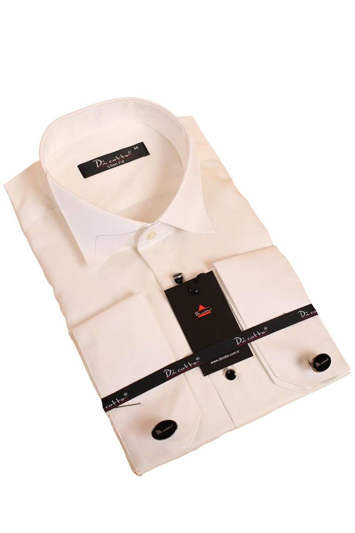 Krem Siyah Taş Düğmeli Damatlık Ata Yaka Kol Düğmeli Slim Fit Smokin Gömlek - 007