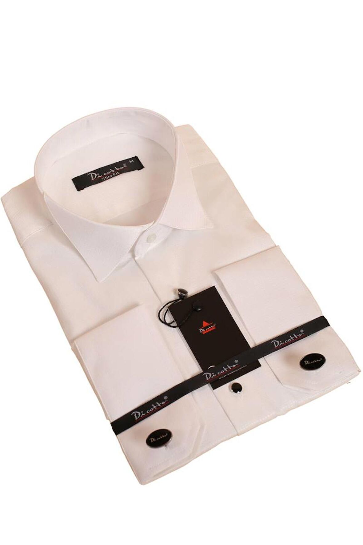 Krem Yakma Desenli Siyah Taş Düğmeli Damatlık Ata Yaka Kol Düğmeli Slim Fit Smokin Gömlek - 023