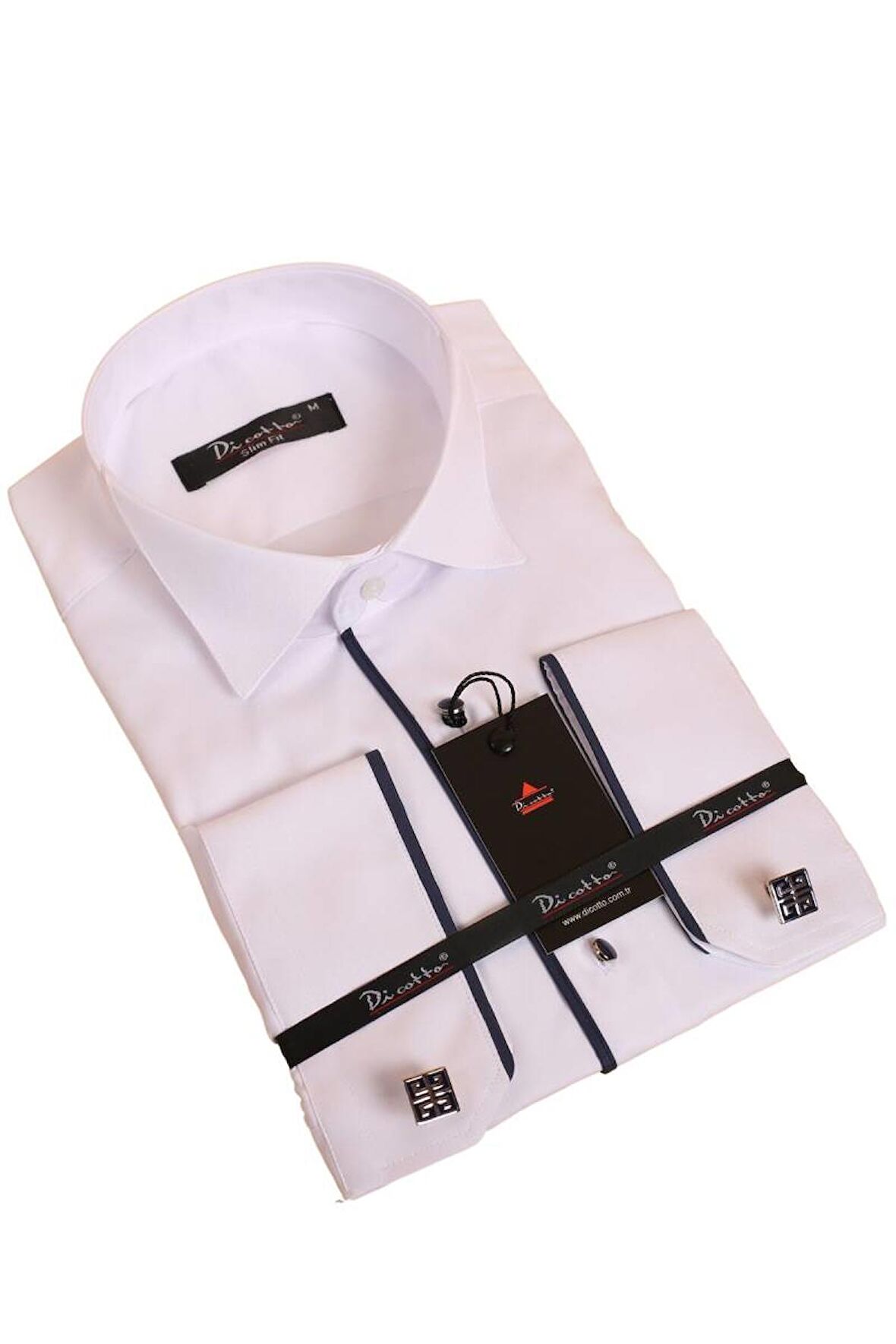 Beyaz Lacivert Tek Bieli Damatlık Ata Yaka Kol Düğmeli Slim Fit Smokin Gömlek - 028