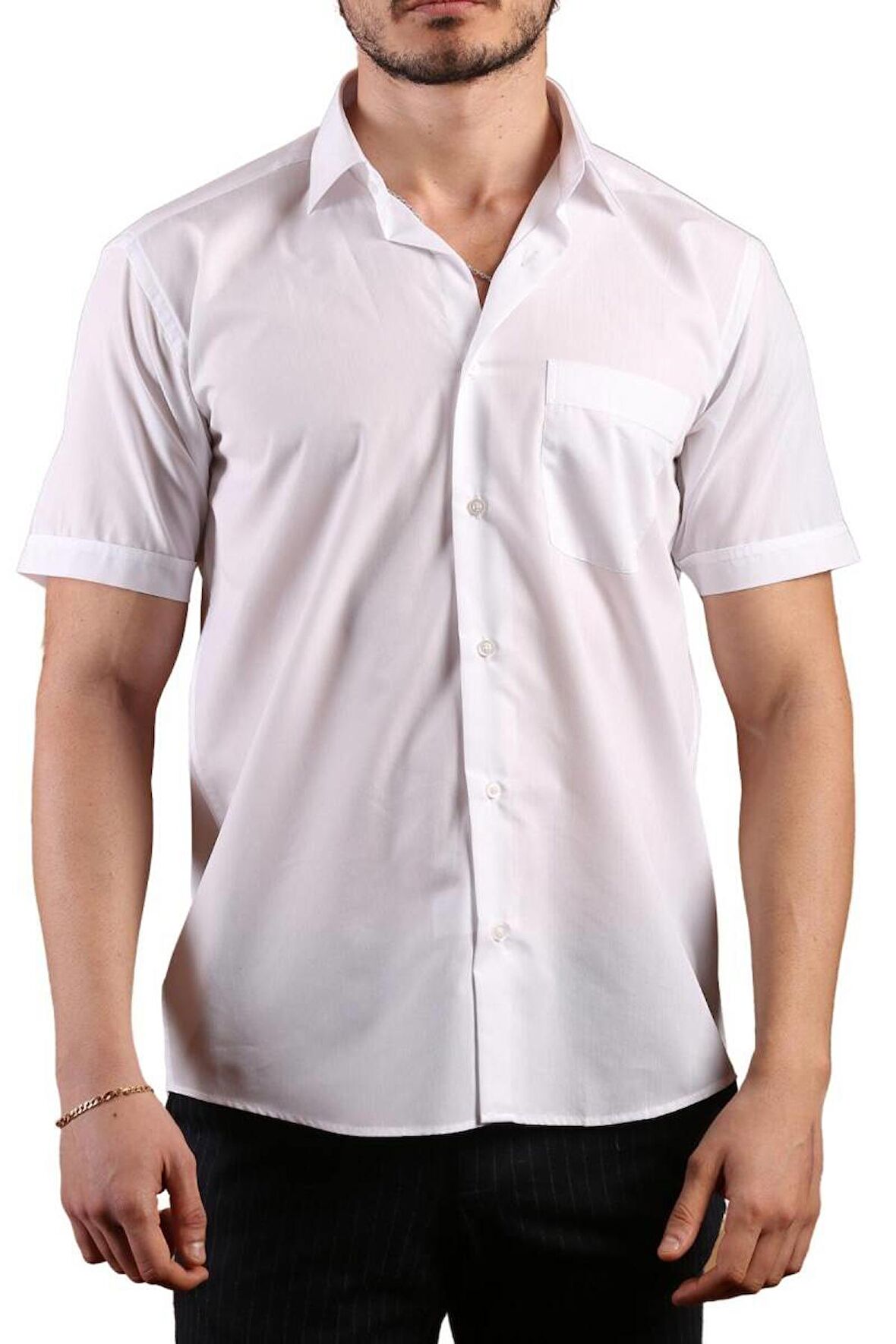 Beyaz Kısa Kol Rahat Kesim Cepli Regular Fit Erkek Gömlek  - 500-1