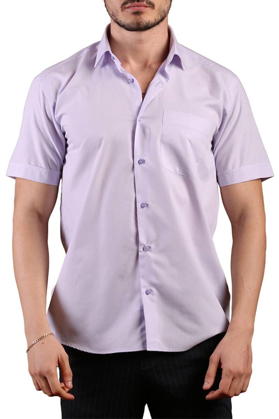 Lila Kısa Kol Rahat Kesim Cepli Regular Fit Erkek Gömlek  - 500-6