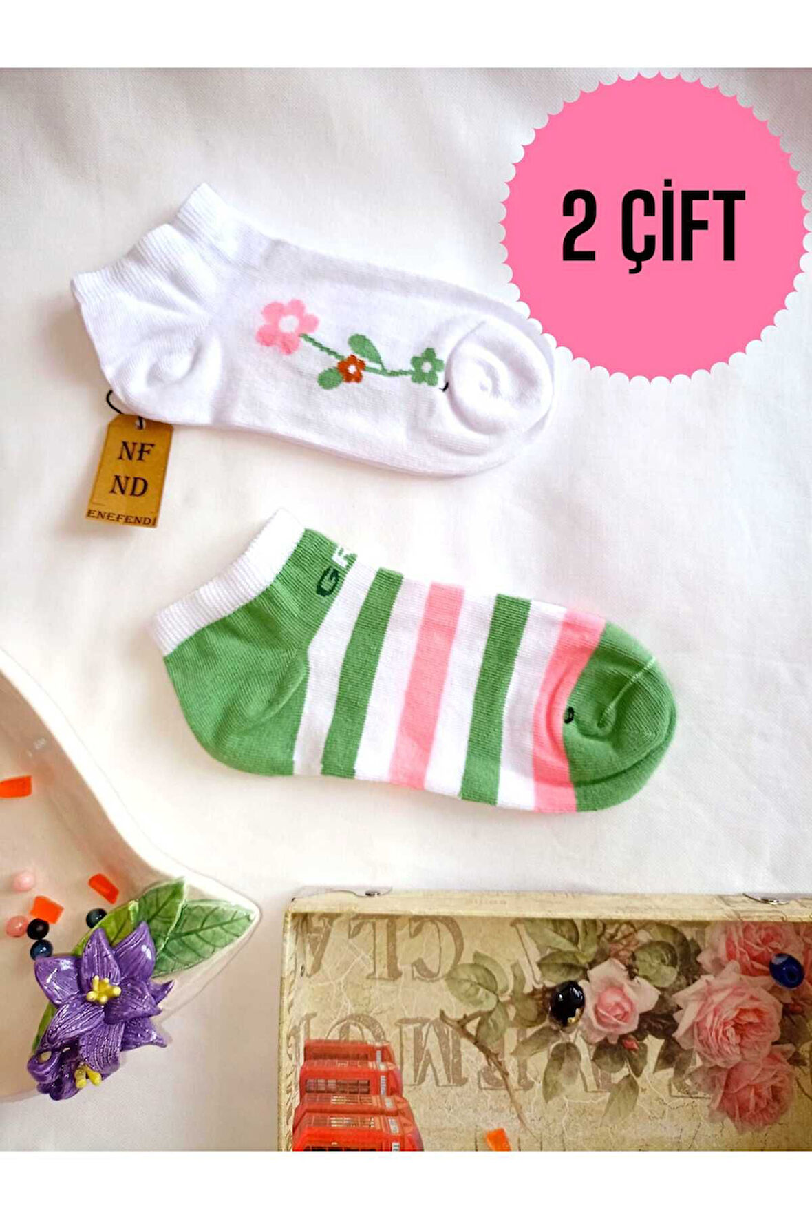 2 ÇİFT PATİK ÇORAP DİKİŞSİZ PAMUKLU KISA KONÇ DESENLİ KADIN ÇORABI 36-40 BEYAZ YEŞİL ÇİZGİLİ