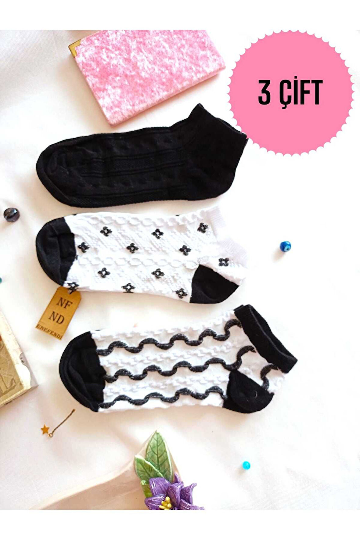 3 ÇİFT PATİK BURUN DİKİŞSİZ ÇORAP YUMUŞAK PAMUKLU KISA KONÇ DESENLİ KADIN ÇORABI 36-40