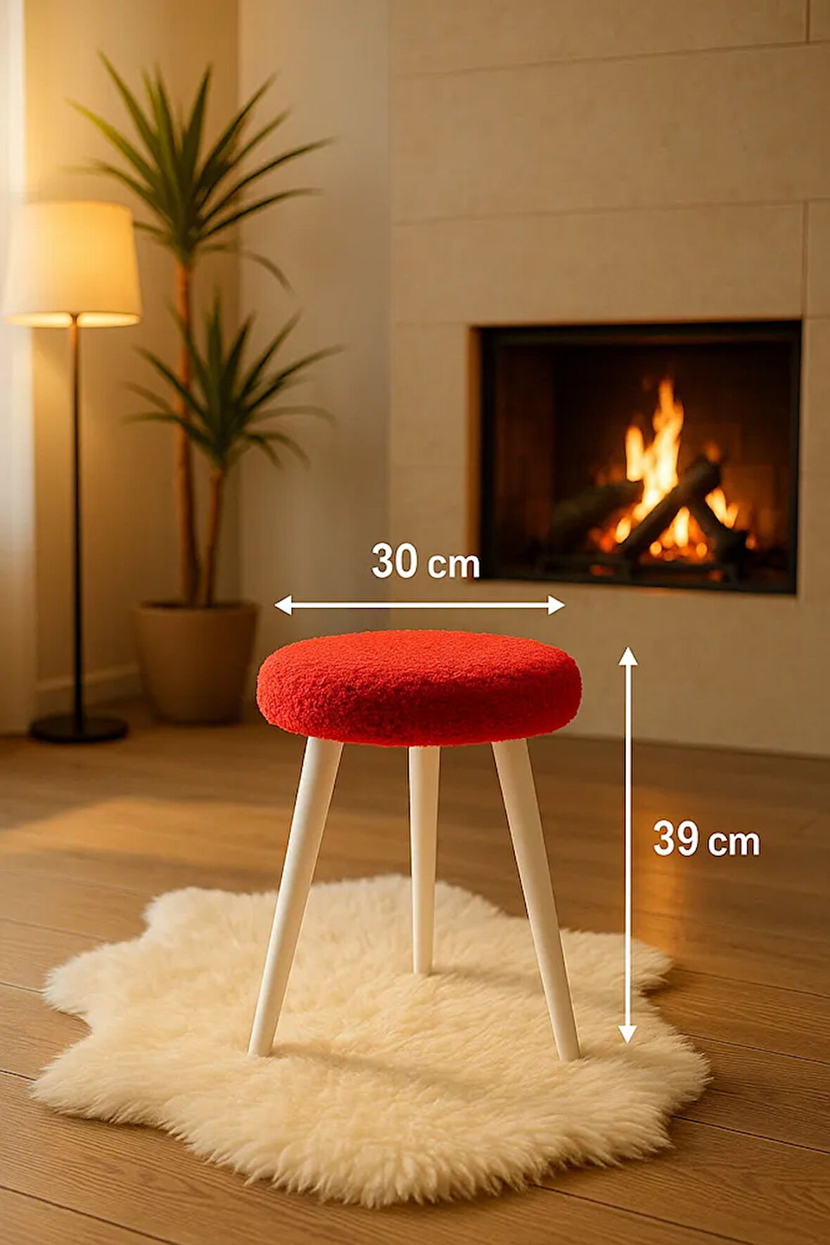 Cozy Peluş Puf Dekoratif Ahşap 3 Beyaz Ayaklı Tabure Şık Konforlu Yumuşacık Modern ve Rahat Oturak