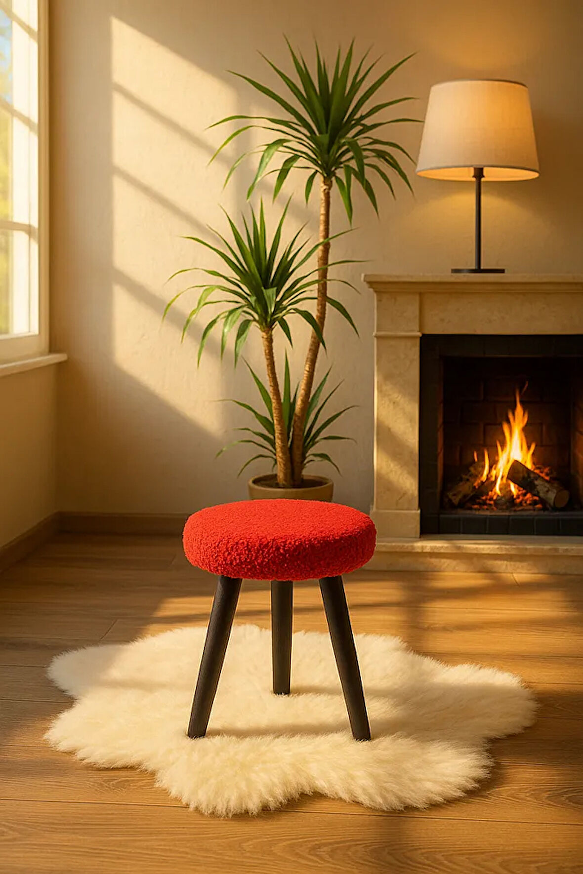 Cozy Peluş Puf Dekoratif Ahşap 3 Siyah Ayaklı Tabure Şık Konforlu Yumuşacık Modern ve Rahat Oturak