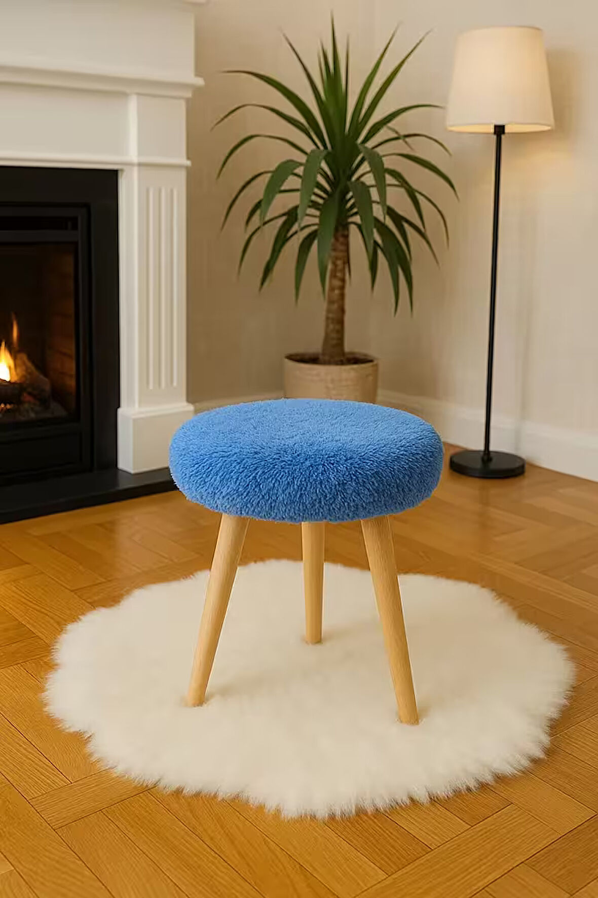 Cozy Peluş Puf Dekoratif Ahşap 3 Ayaklı Tabure Şık Konforlu Yumuşacık Modern ve Rahat Oturak