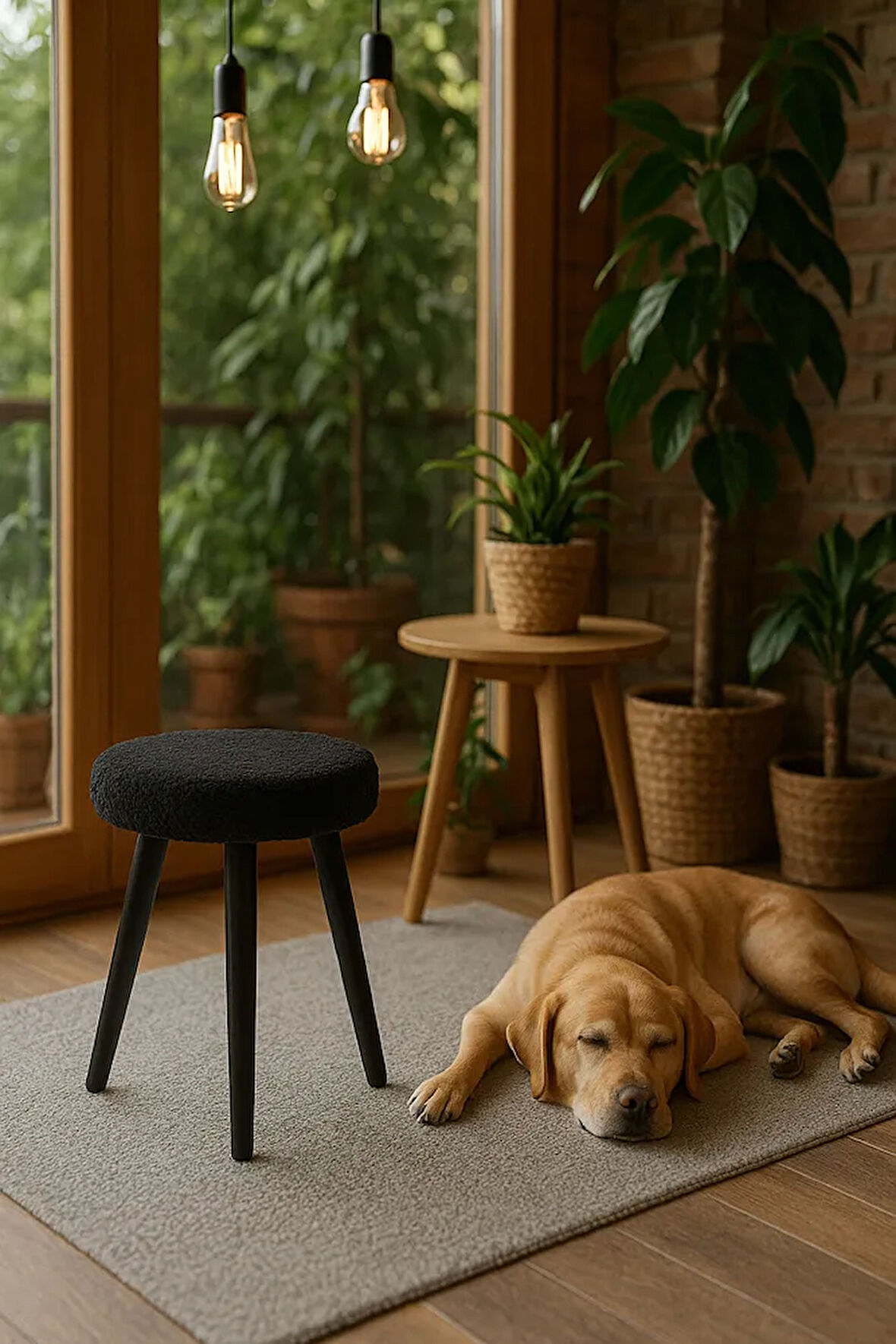 Cozy Peluş Puf Dekoratif Ahşap 3 Siyah Ayaklı Tabure Şık Konforlu Yumuşacık Modern ve Rahat Oturak