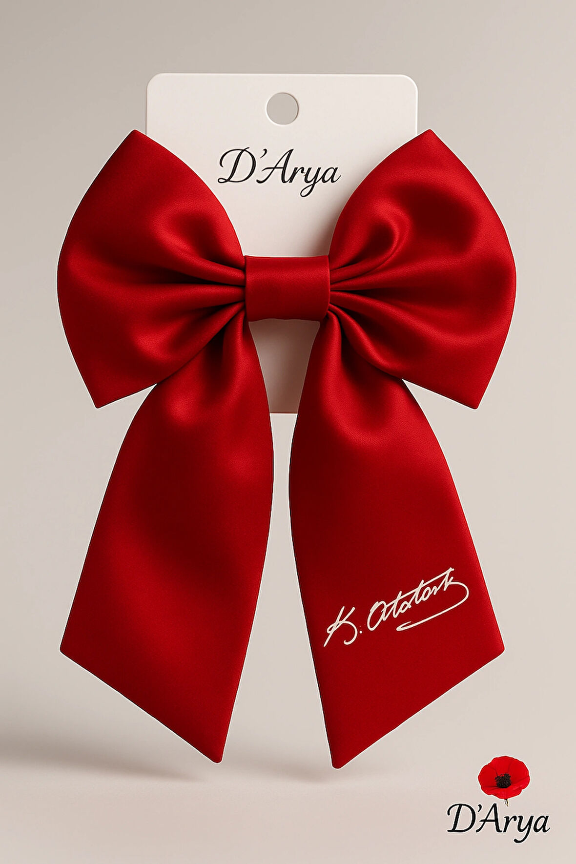 DD1011 Kırmızı Atatürk İmzalı Saten Fiyonk Toka (14 cm) Bayrak