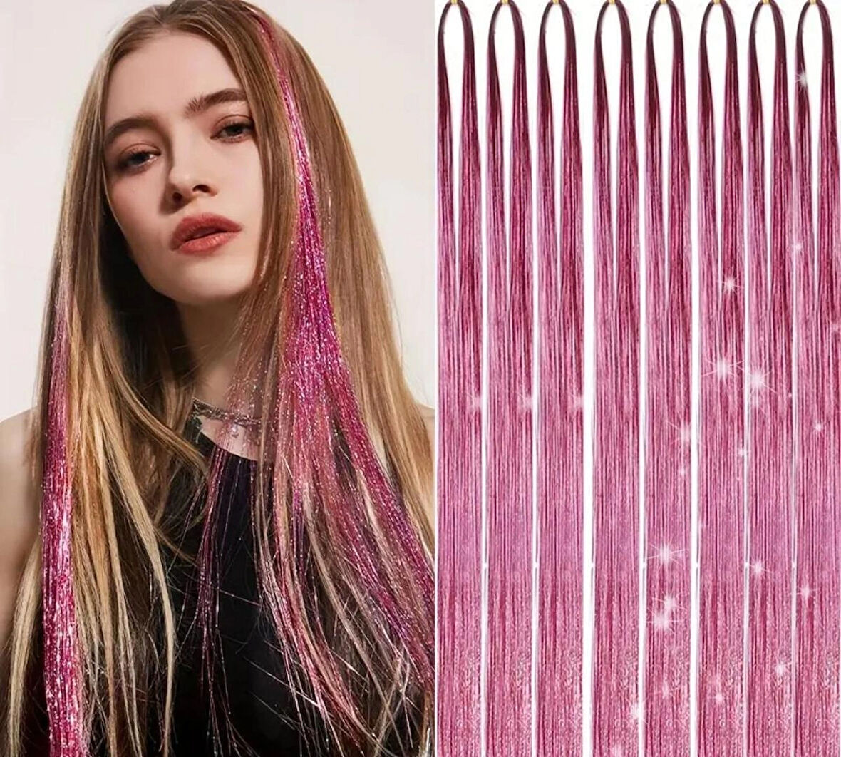 DD225 Işıltılı Simli Tinsel Saç Uzatma Pembe