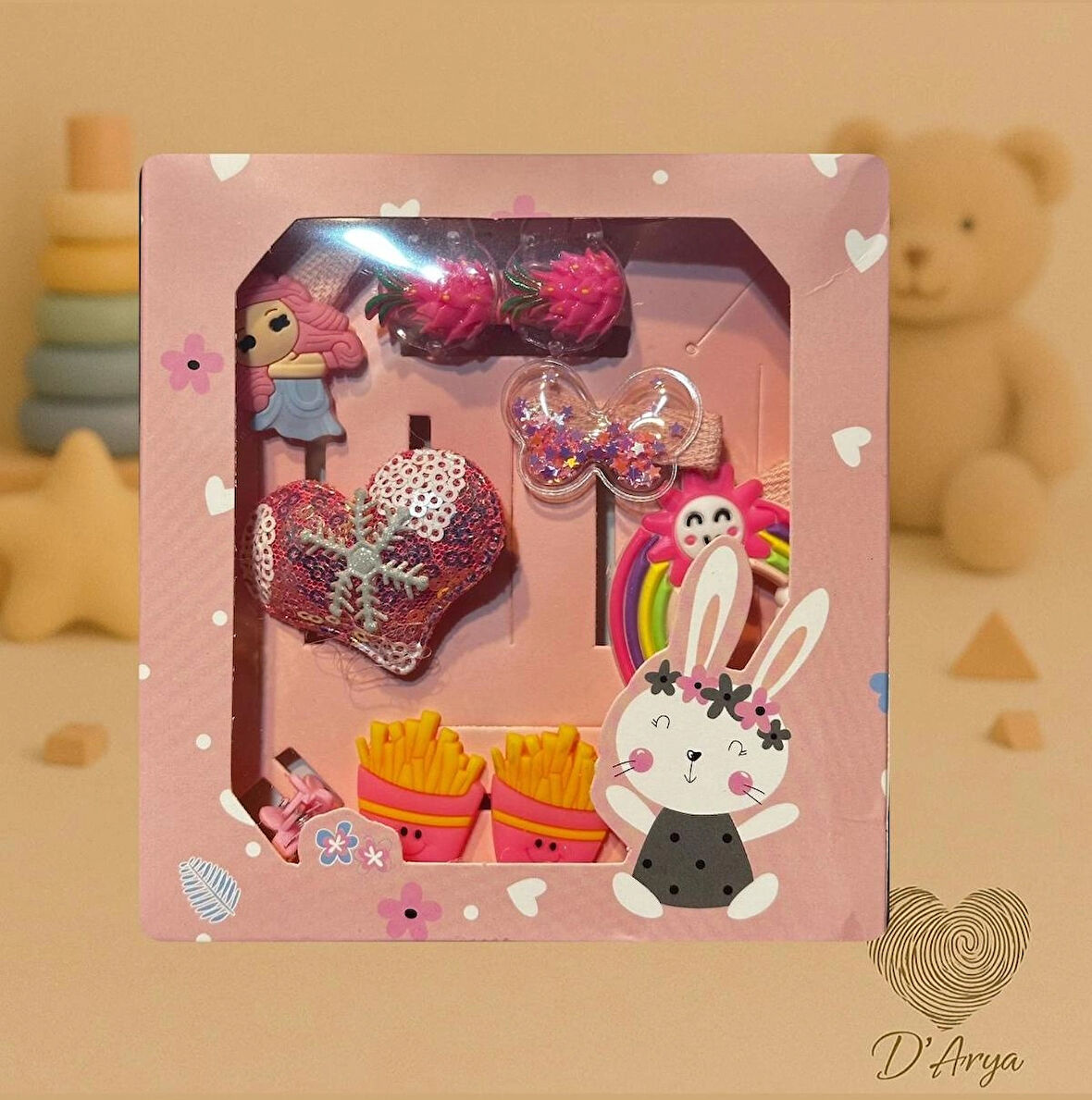 DD238 Pembe Temalı 7’li Bebek & Çocuk Saç Tokası Seti Kalp Tavşan Gökkuşağı