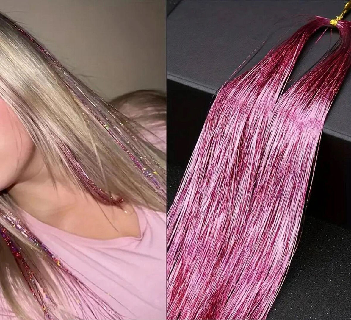 DD283 Işıltılı Simli Tinsel Saç Uzatma Açık Pembe