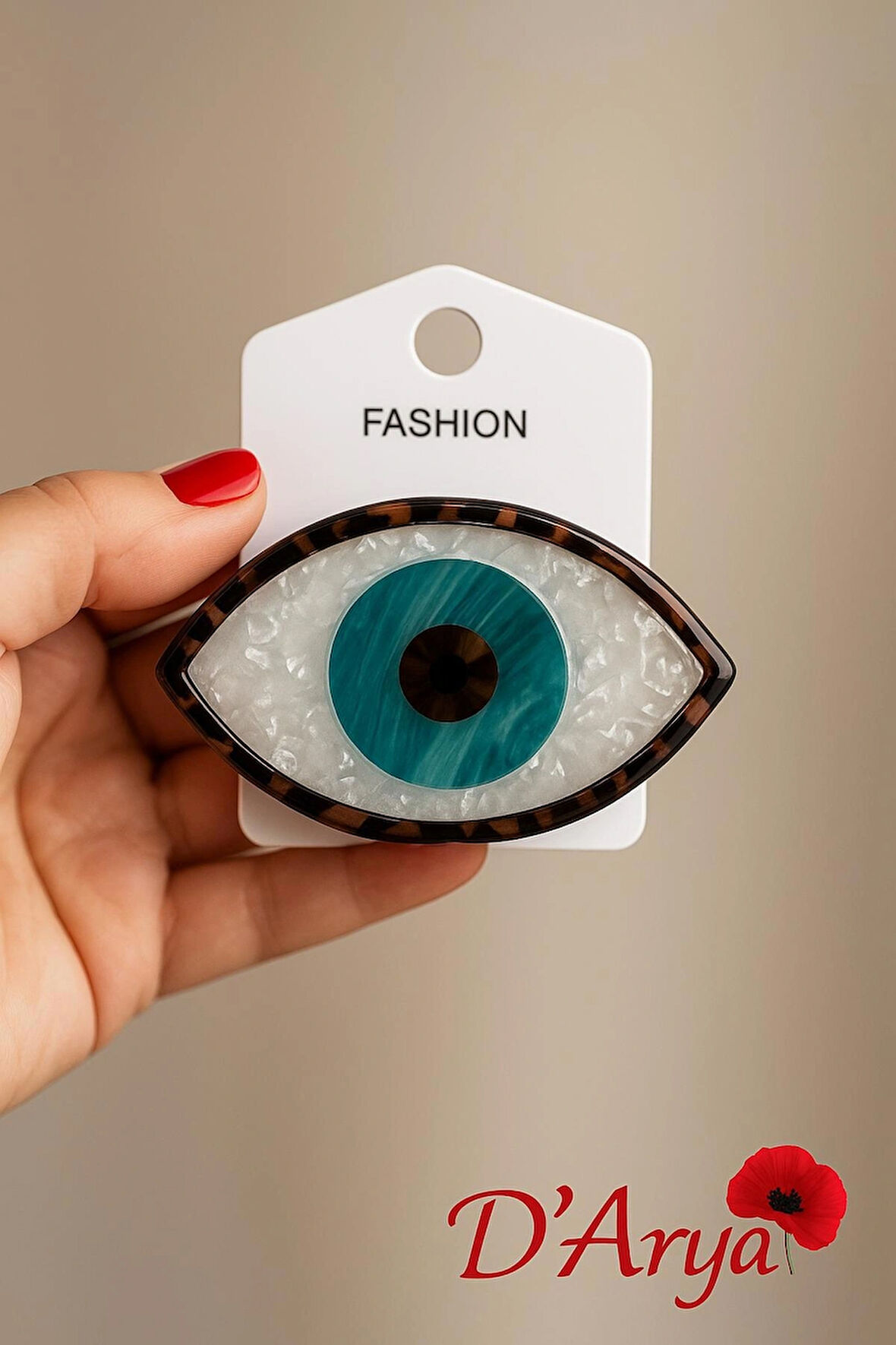 DD519 Leopar Desenli Nazar Boncuklu Göz Saç Tokası (6 cm)