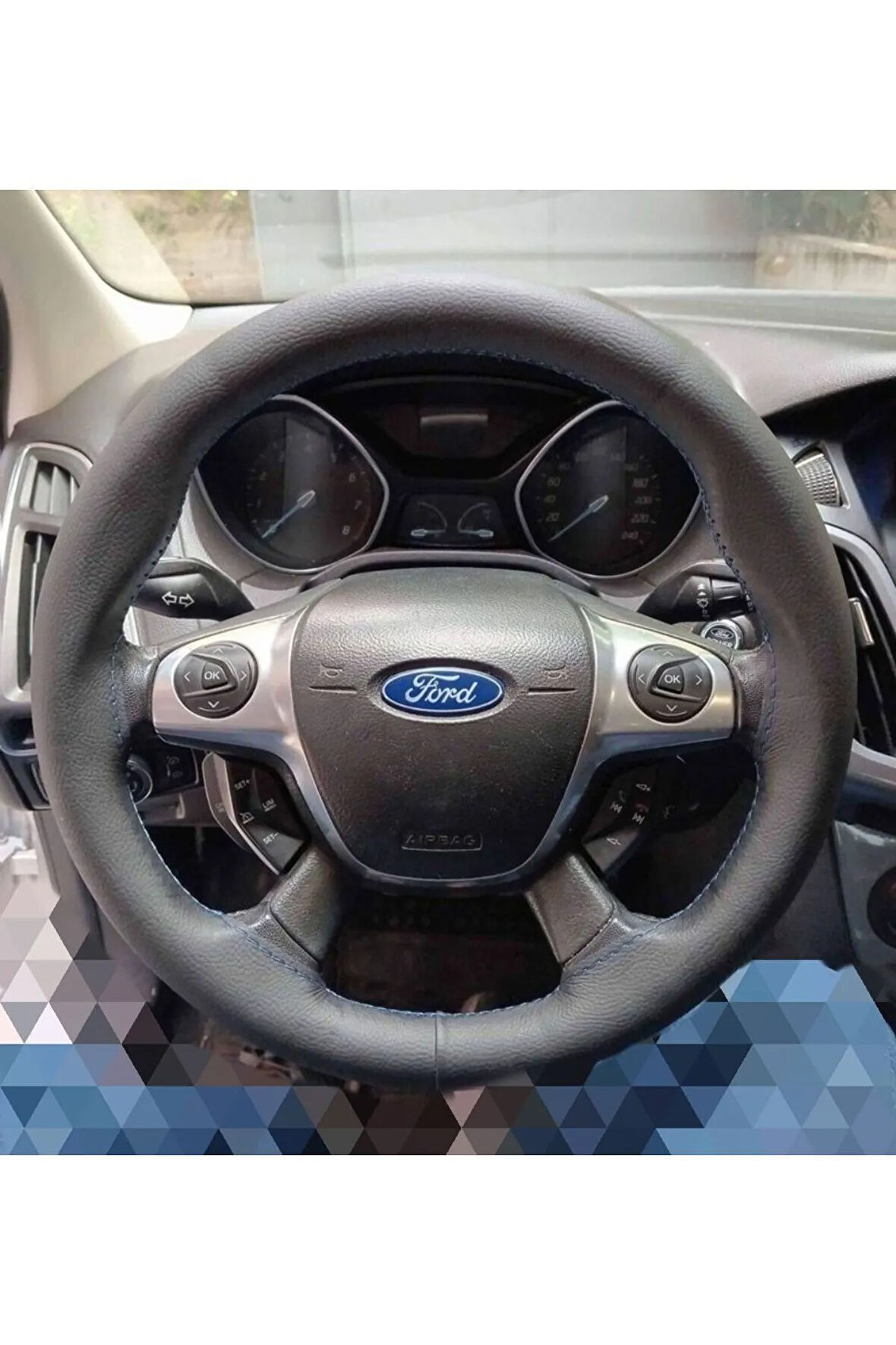 DİKİŞLİ DERİ DİREKSİYON KILIFI DAMARLI SİYAH DERİ MAVİ DİKİŞLİ FORD FOCUS İÇİN HIZLI KARGO