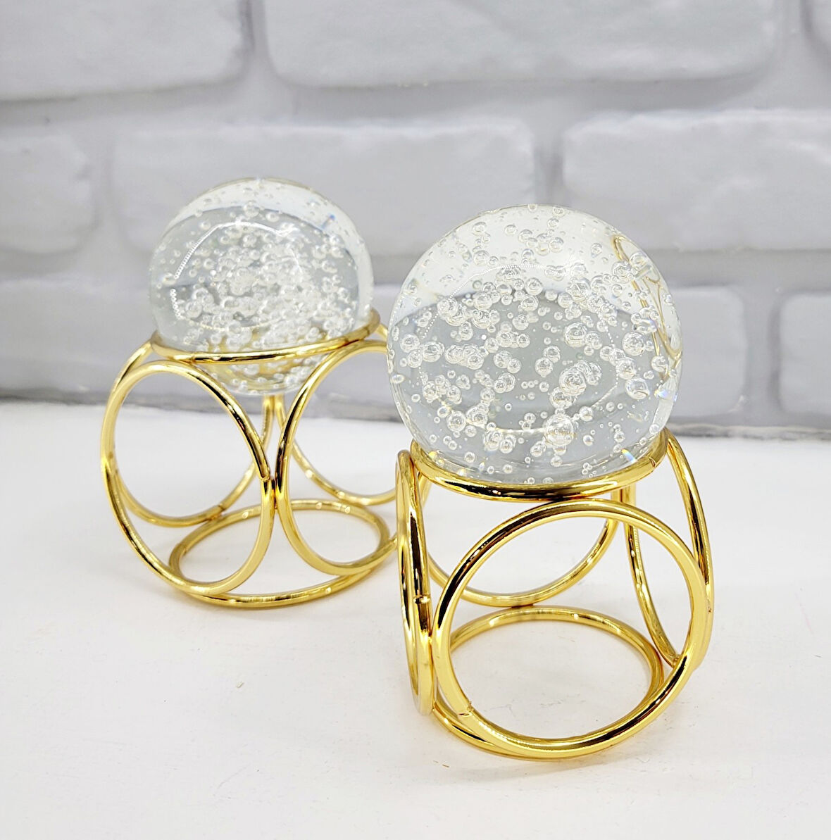 Decodelight Gold Kaplama Metal 2'li Set Salon Küp Model Baloncuklu Cam Toplu Dekor Biblo