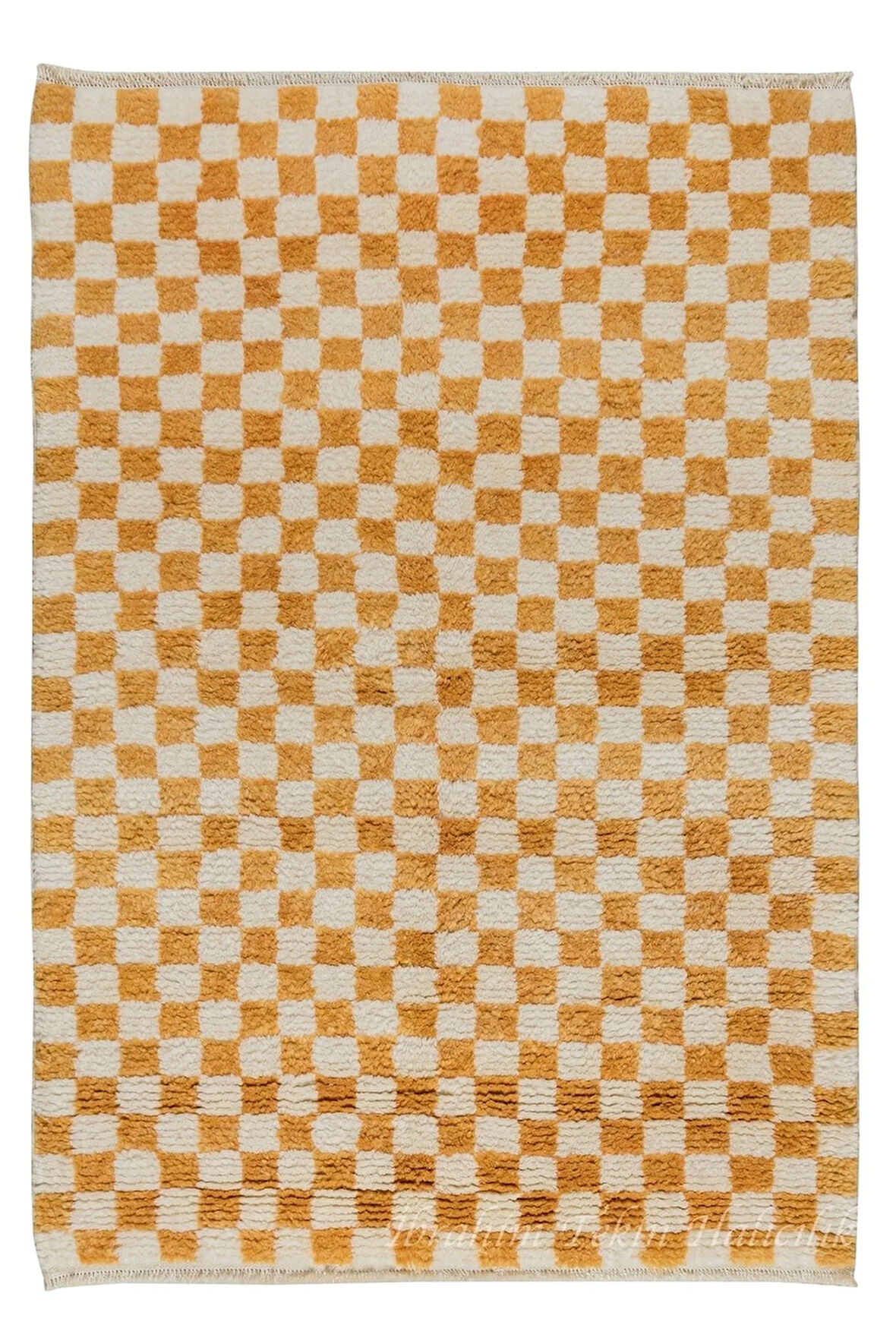 122x183 Cm El Dokuması Dama Desenli Tüylü Halı. 100% Doğal Yün. Kalın Shaggy Peluş El Yapımı Halı