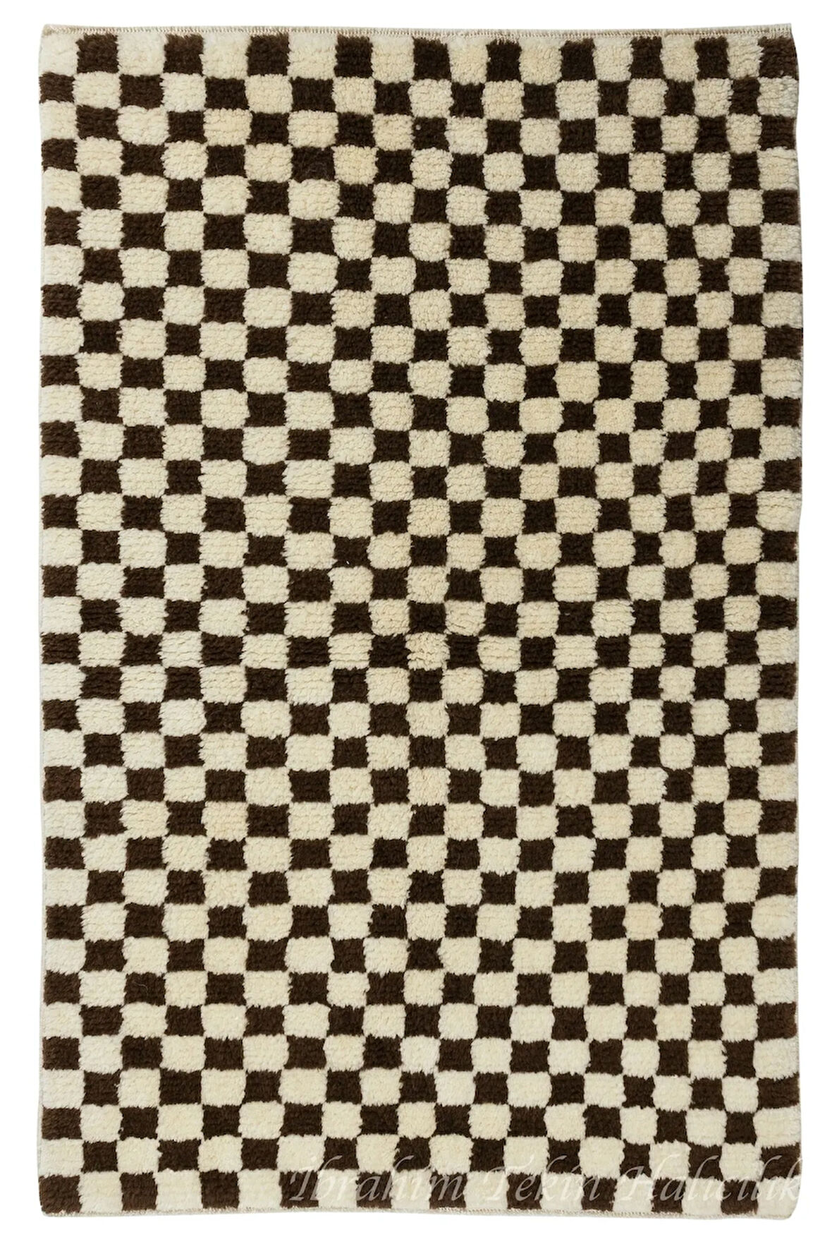 122x183 cm El Dokuması Dama Desenli Tüylü Halı. 100% Organik Yün. Kalın Shaggy Peluş El Yapımı Halı