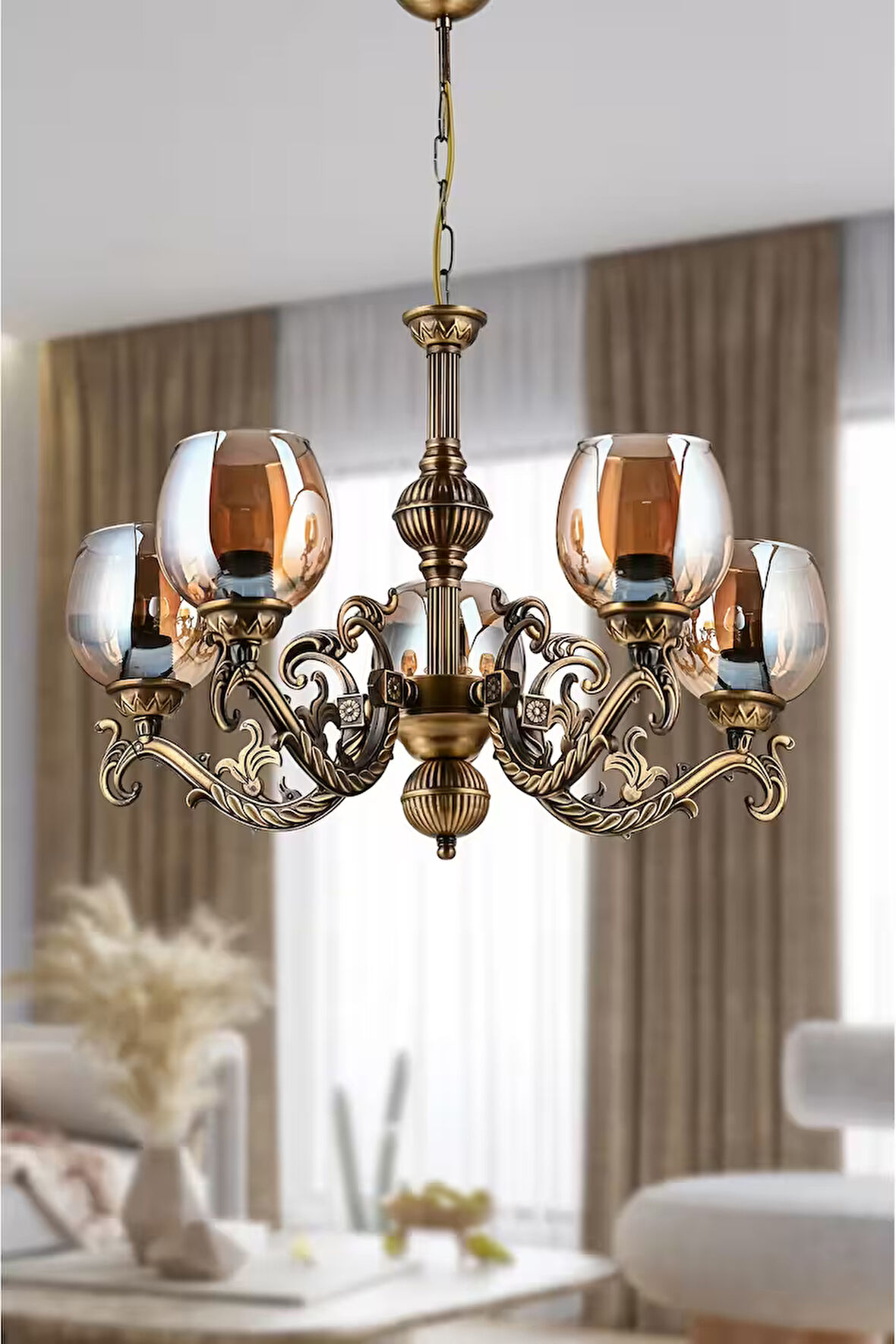 BEŞ KOLLU SAVA ZAMAK AVİZE BAL RENGİ CAMLI