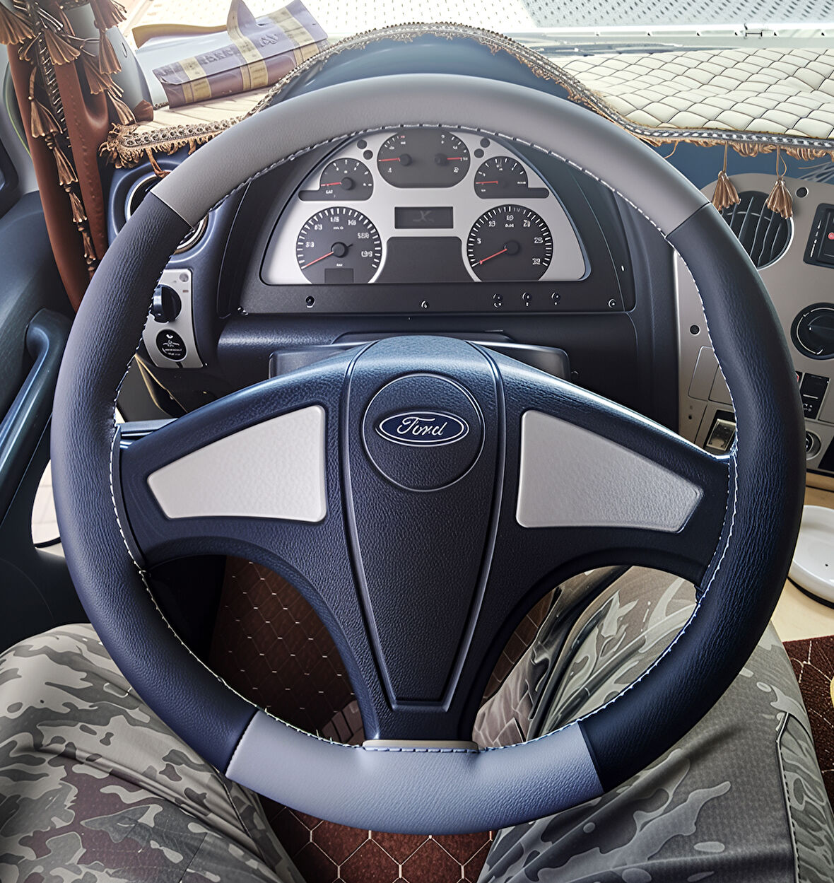 DİKİŞLİ DİREKSİYON KILIFI SİYAH DERİ GRİ DERİ GRİ DİKİŞLİ FORD TIR KAMYON İÇİN