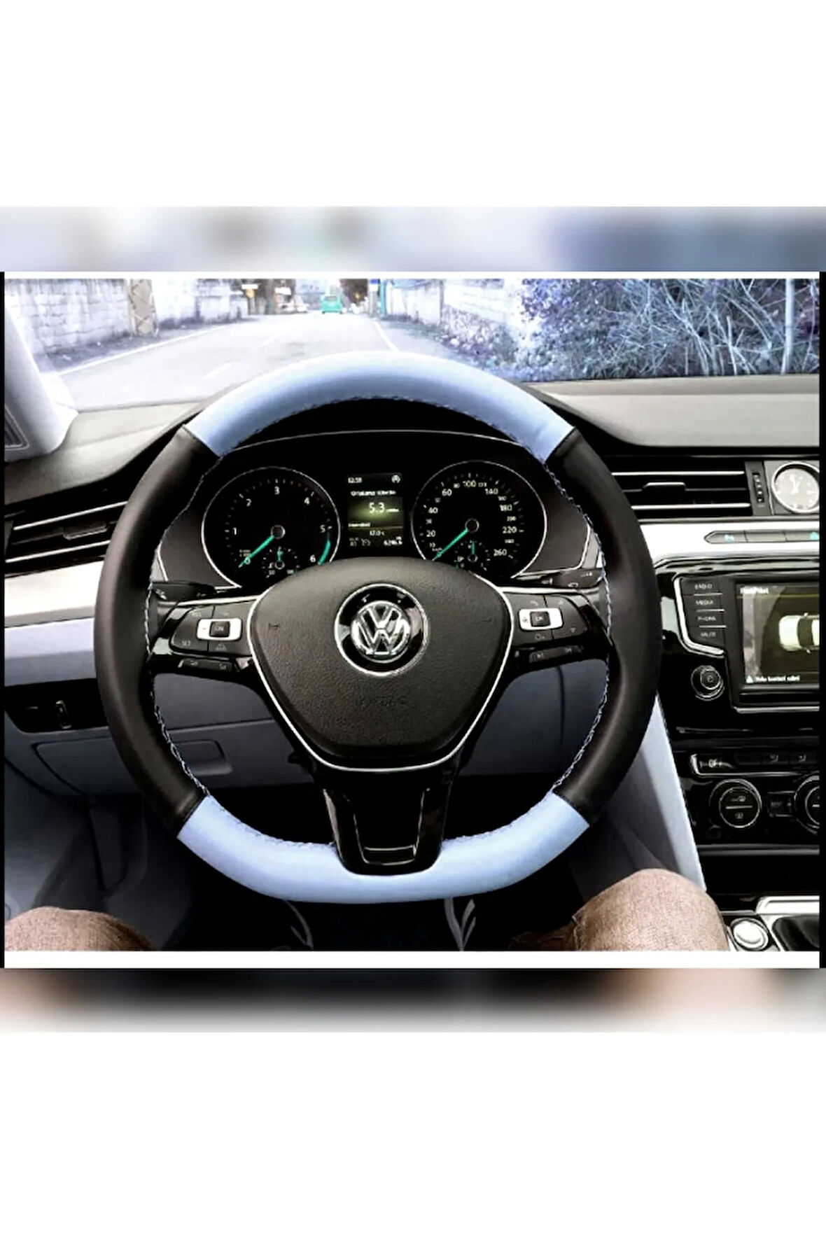 DİKİŞLİ DİREKSİYON KILIFI SİYAH/GRİ DERİ SİYAH DİKİŞLİ VOLKSWAGEN JETTA İÇİN