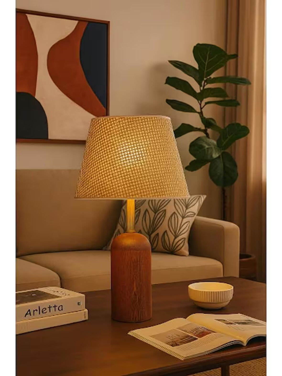 DEDE DOĞAL KAHVERENGİ AHŞAPLI KAHVERENGİ RATTAN ŞAPKALI ABAJUR