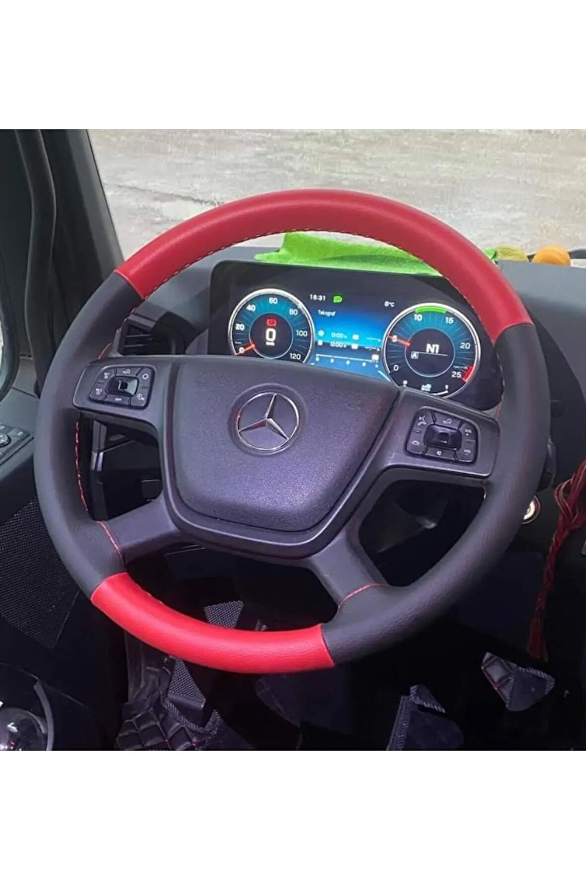 DİKİŞLİ DİREKSİYON KILIFI SİYAH KIRMIZI DERİ KIRMIZI DİKİŞLİ MERCEDES TIR KAMYON İÇİN