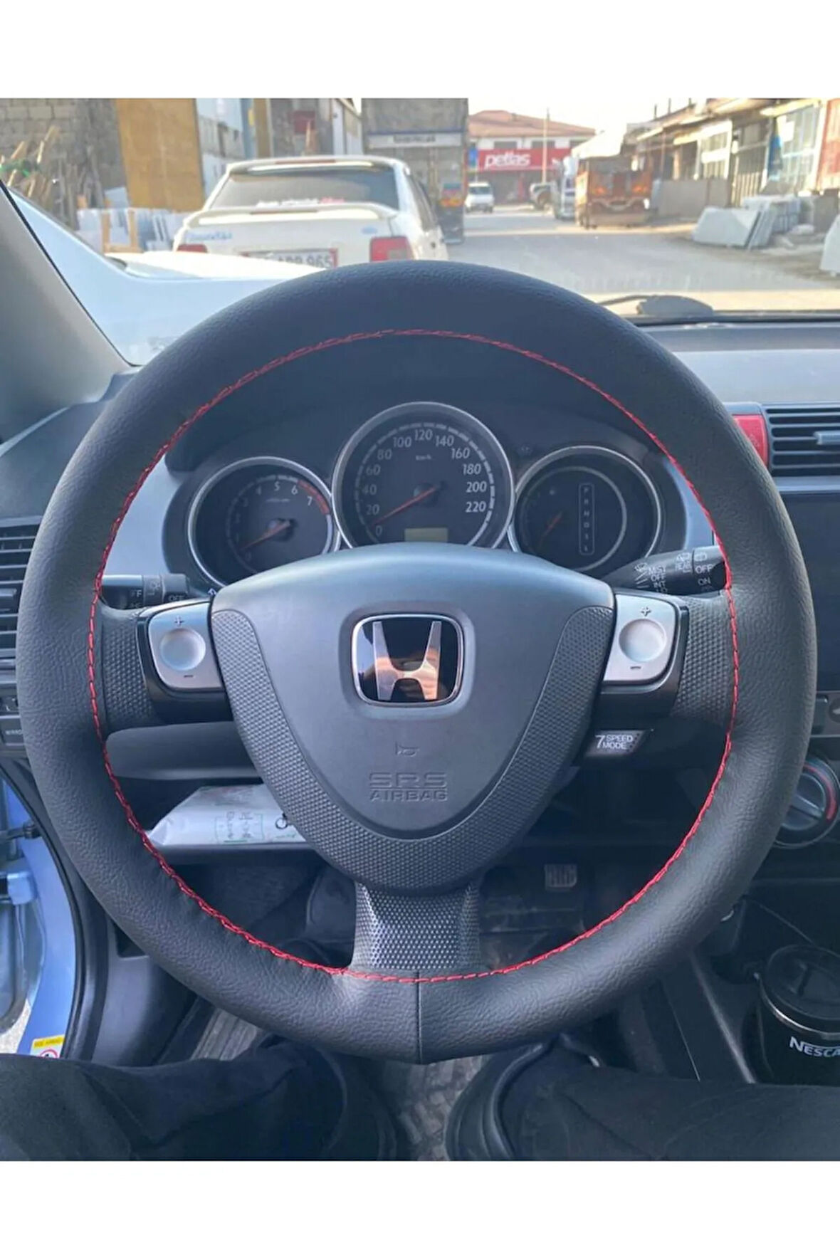 DİKİŞLİ DİREKSİYON KILIFI SİYAH DERİ KIRMIZI DİKİŞLİ  HONDA JAZZ