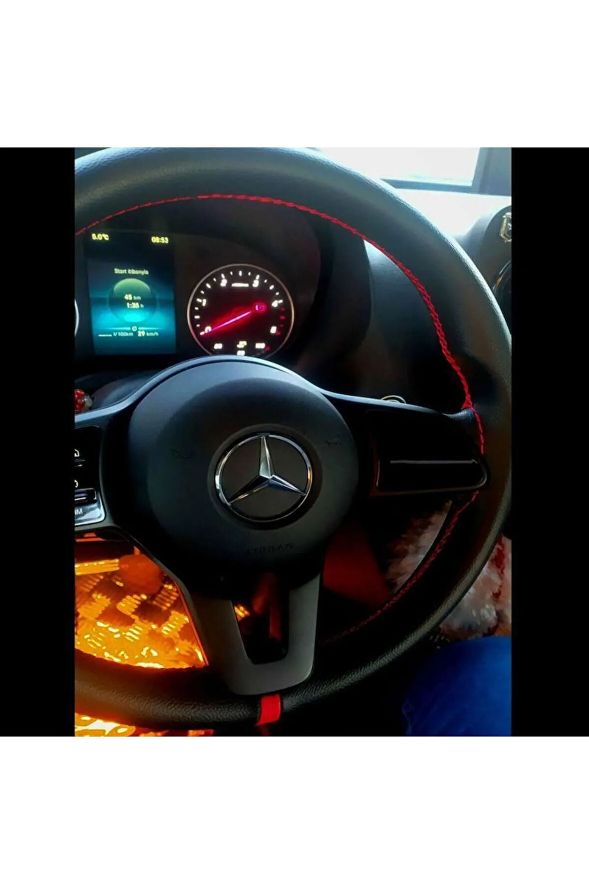 DİKİŞLİ DİREKSİYON KILIFI SİYAH DERİ KIRMIZI YÜZÜK/DİKİŞLİ  SON KASA MERCEDES SPRİNTER