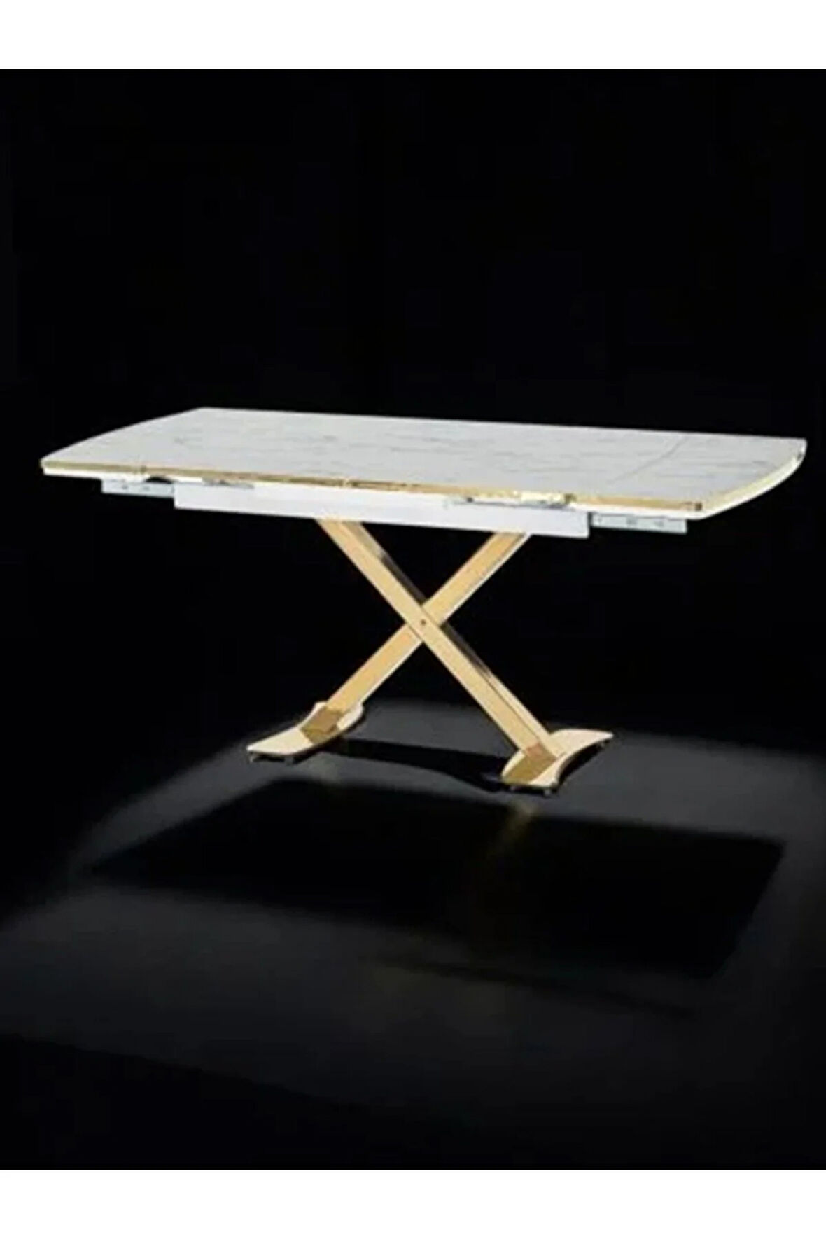 Diamond Açılır Kapanır Masa – Beyaz Mermer, Gold Ayak, 80×120/180 cm, 4–6 Kişilik (Sandalyesiz)