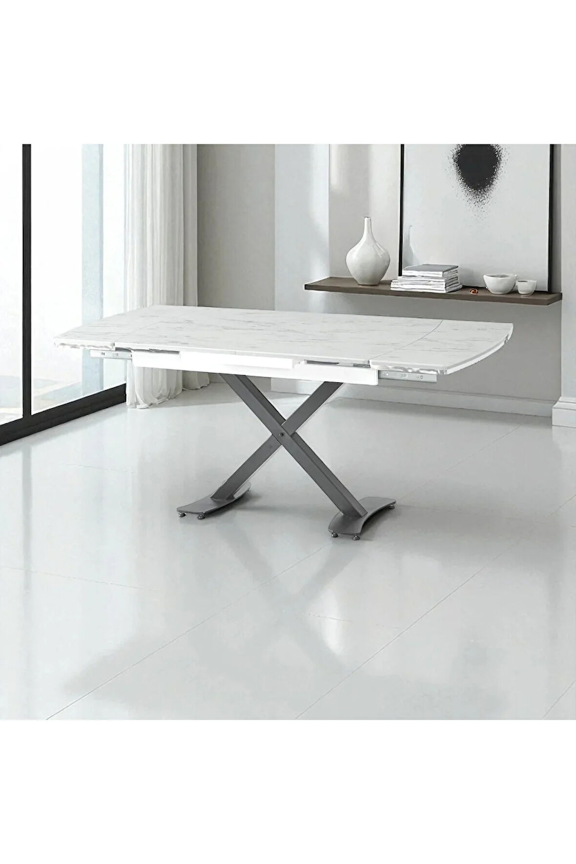 Diamond Açılır Kapanır Masa – Beyaz Mermer, Siyah Ayak, 80×120/180 cm, 4–6 Kişilik (Sandalyesiz)