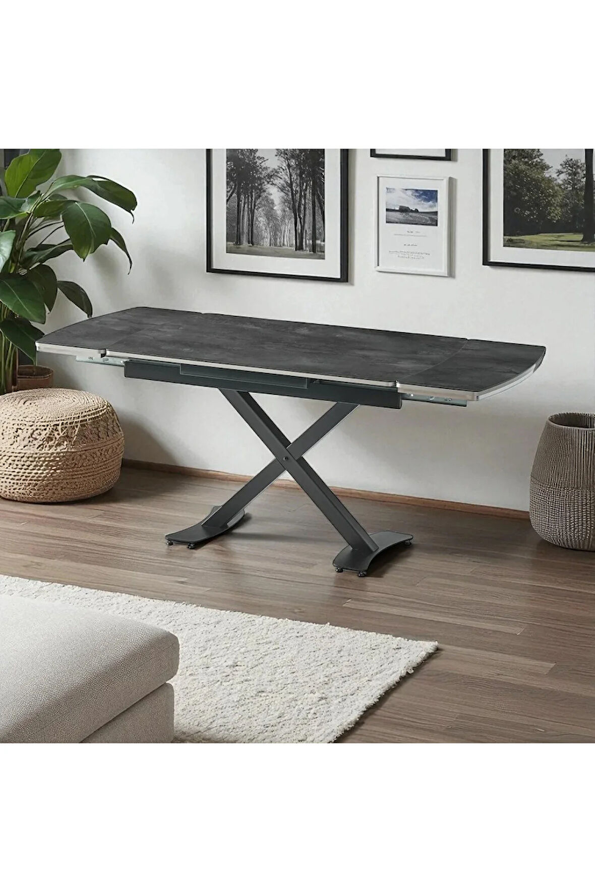 Diamond Açılır Kapanır Masa – Siyah Mermer, Siyah Ayak, 80×120/180 cm, 4–6 Kişilik (Sandalyesiz)