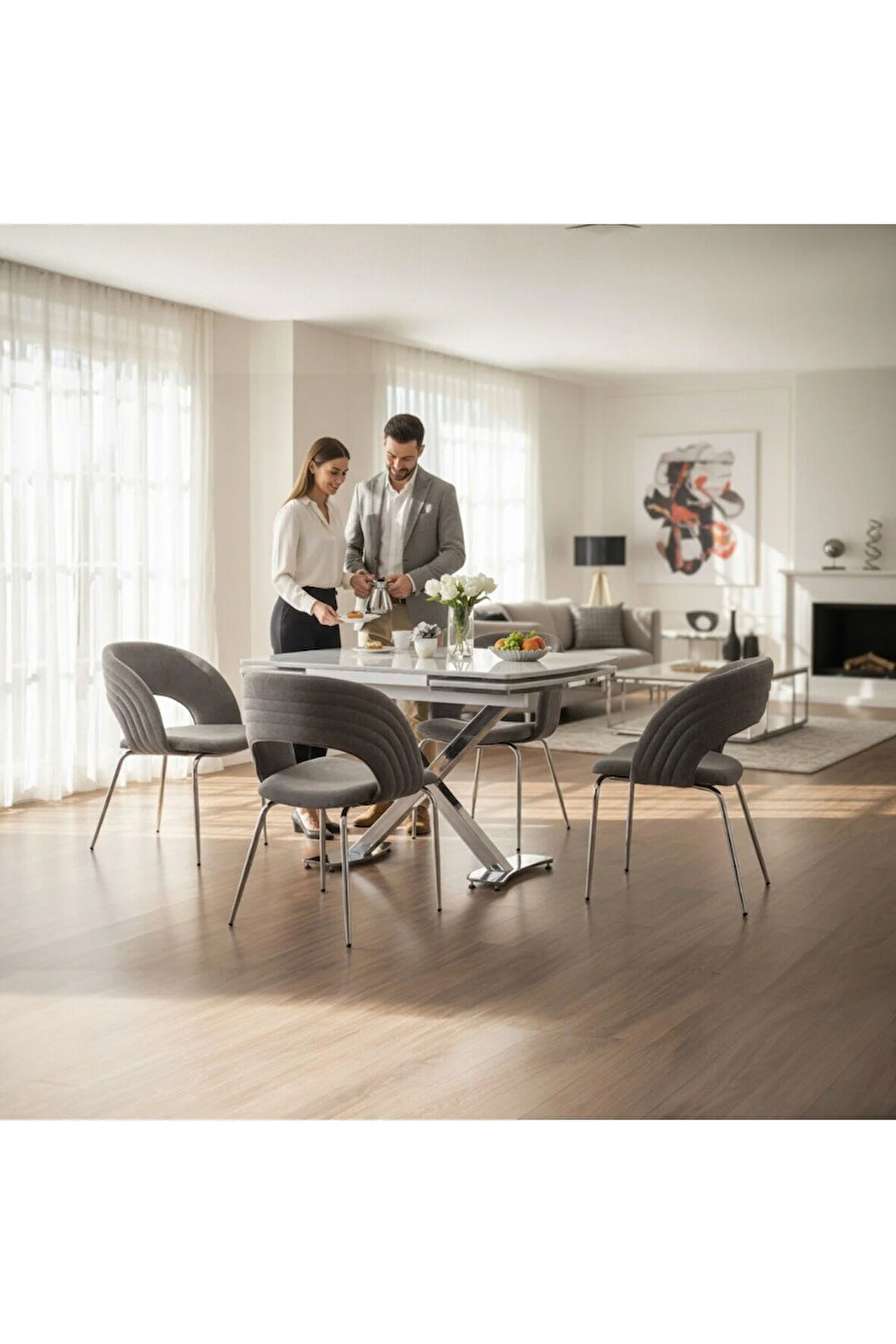 Diamond Açılır Masa Takımı – Beyaz Mermer Krom Metal Ayak. 4 Sandalyeli. 80x120/180 cm