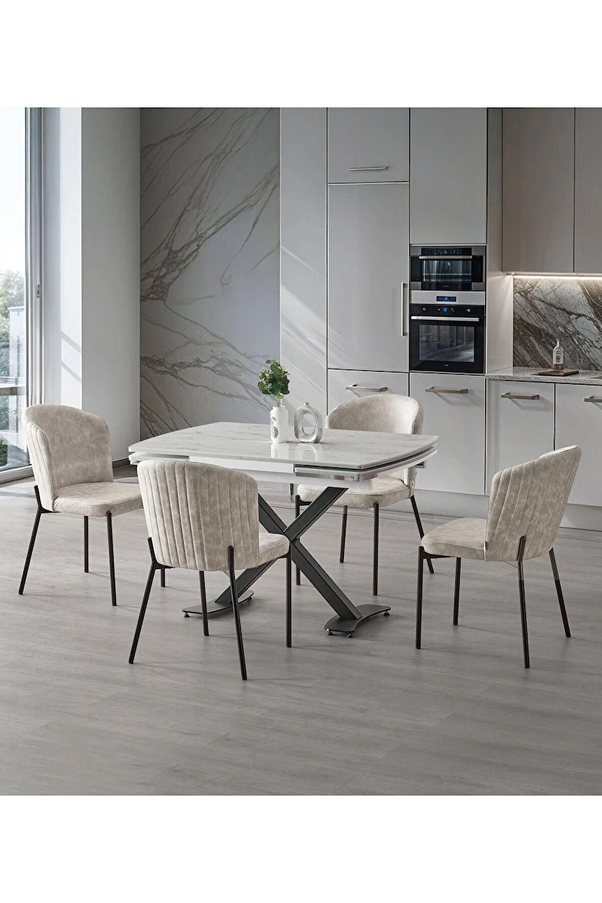 Diamond Açılır Masa Takımı – Beyaz Mermer Siyah Metal Ayak. 4 Sandalyeli. 80x120/180 cm