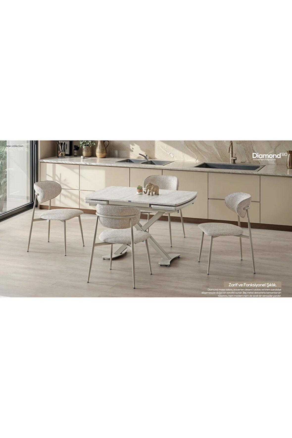 Diamond Açılır Masa Takımı – Traverten Desen Kapuçino Metal Ayak. 4 Sandalyeli. 80x120/180 cm