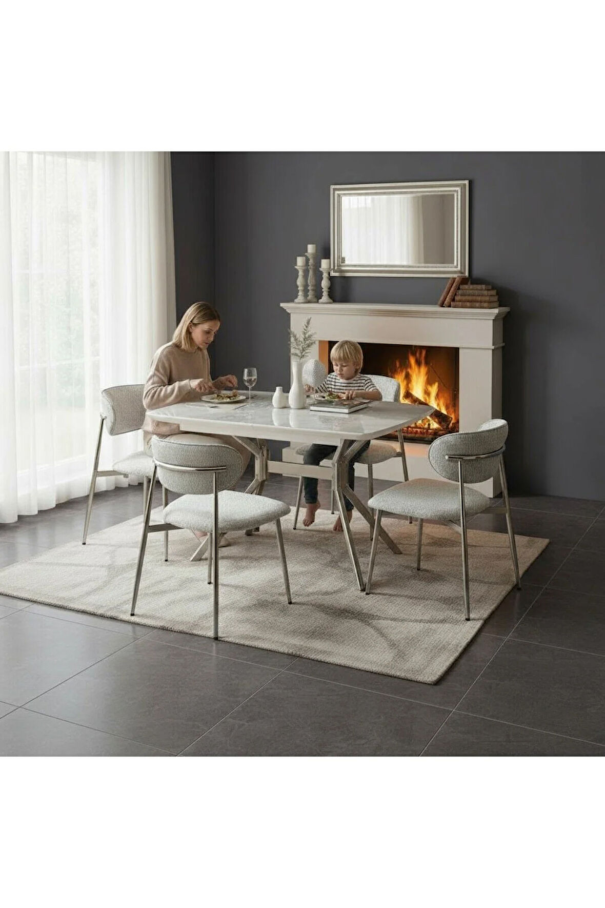 Duman Açılır Masa Takımı – Gri Mermer - Krom Metal Ayak – 80×130→160 cm. 4 Sandalyeli