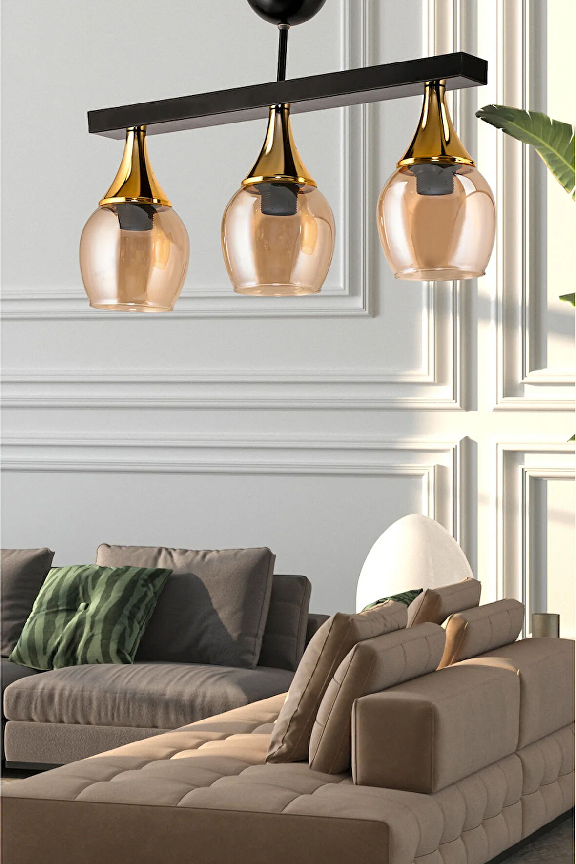 ÜÇLÜ UFO SARKIT AVİZE SİYAH BAL RENGİ CAMLI GOLD HUNİ
