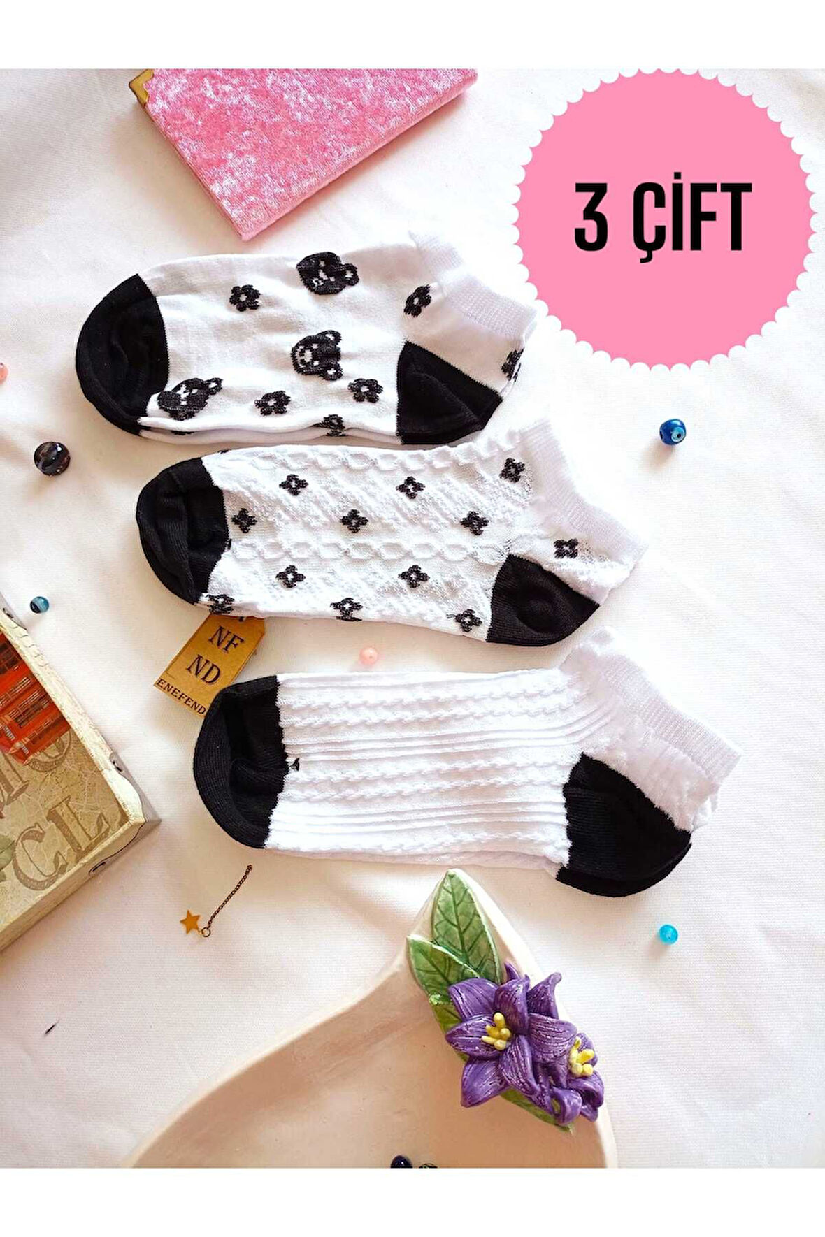 3 ÇİFT ÇORAP PAMUKLU BURUN DİKİŞSİZ PATİK YUMUŞAK KISA KONÇ DESENLİ KADIN ÇORABI 36-40