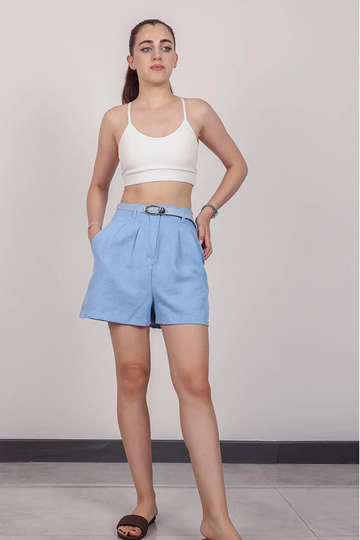 Kadın Bebe Mavi Kemerli Şort