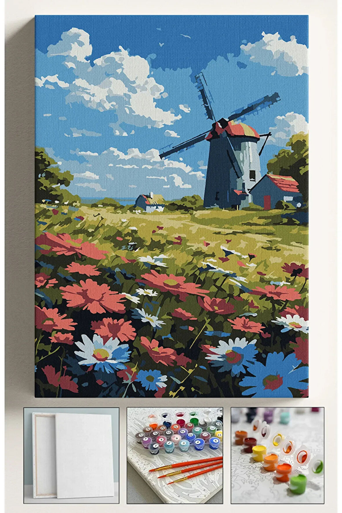 Sayılarla Boyama Çerçeveli Hobi Seti Numaralı Tuval Fırça Boya Dahil Kasnaklı DEĞİRMEN 40X50 Cm