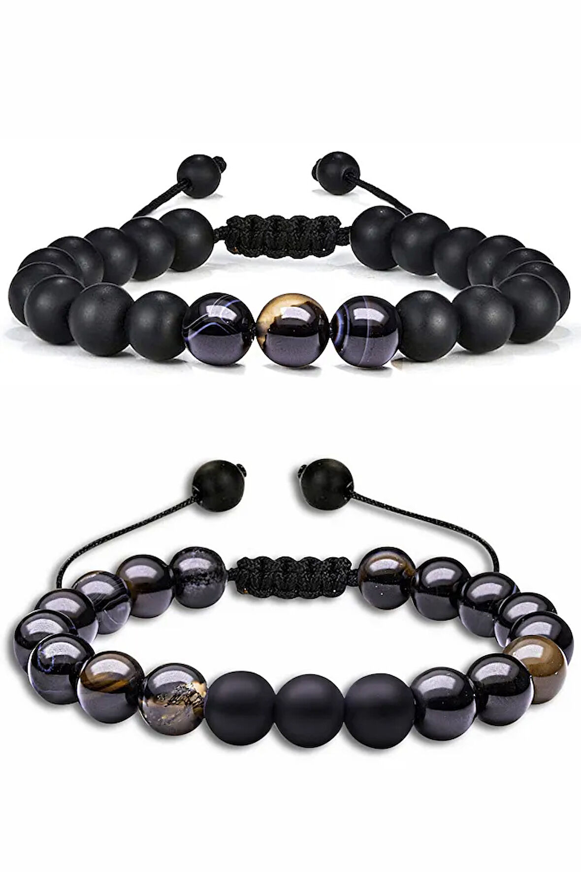 Sertifikalı Doğal Siyah Akik Oniks Taşı Doğal Taş Bileklik Seti