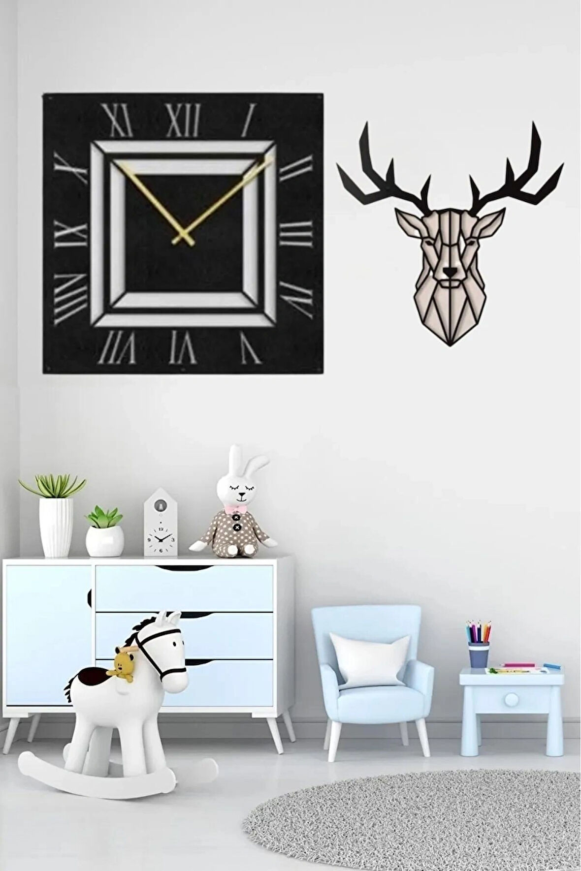 DİKDÖRTGEN VE ROMA RAKAMLI DEKOR SAAT+GEYİK DUVAR DEKOR