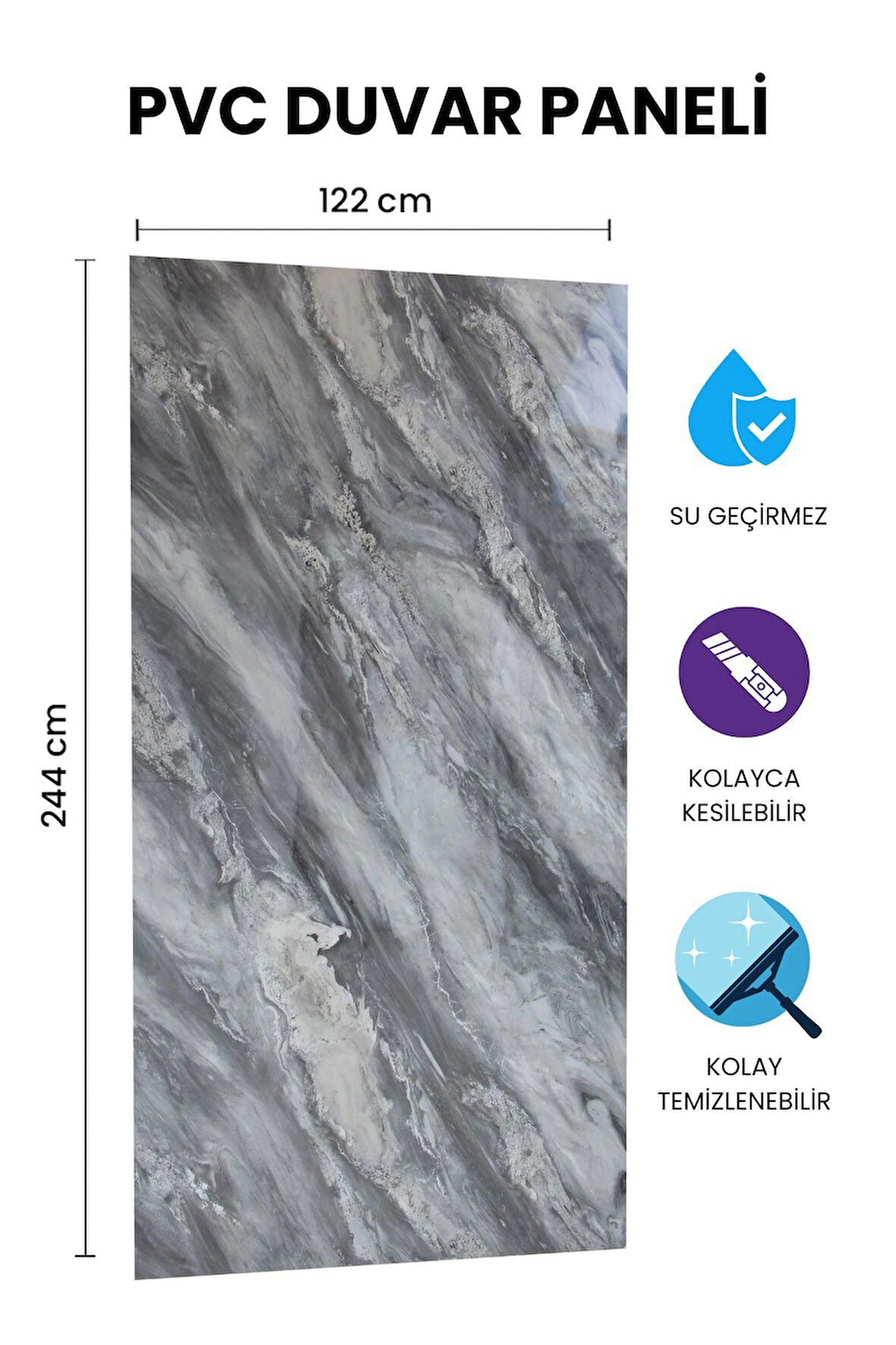 BLACK GRAY NARSO Mermer Desenli PVC Panel 122 x 244 CM