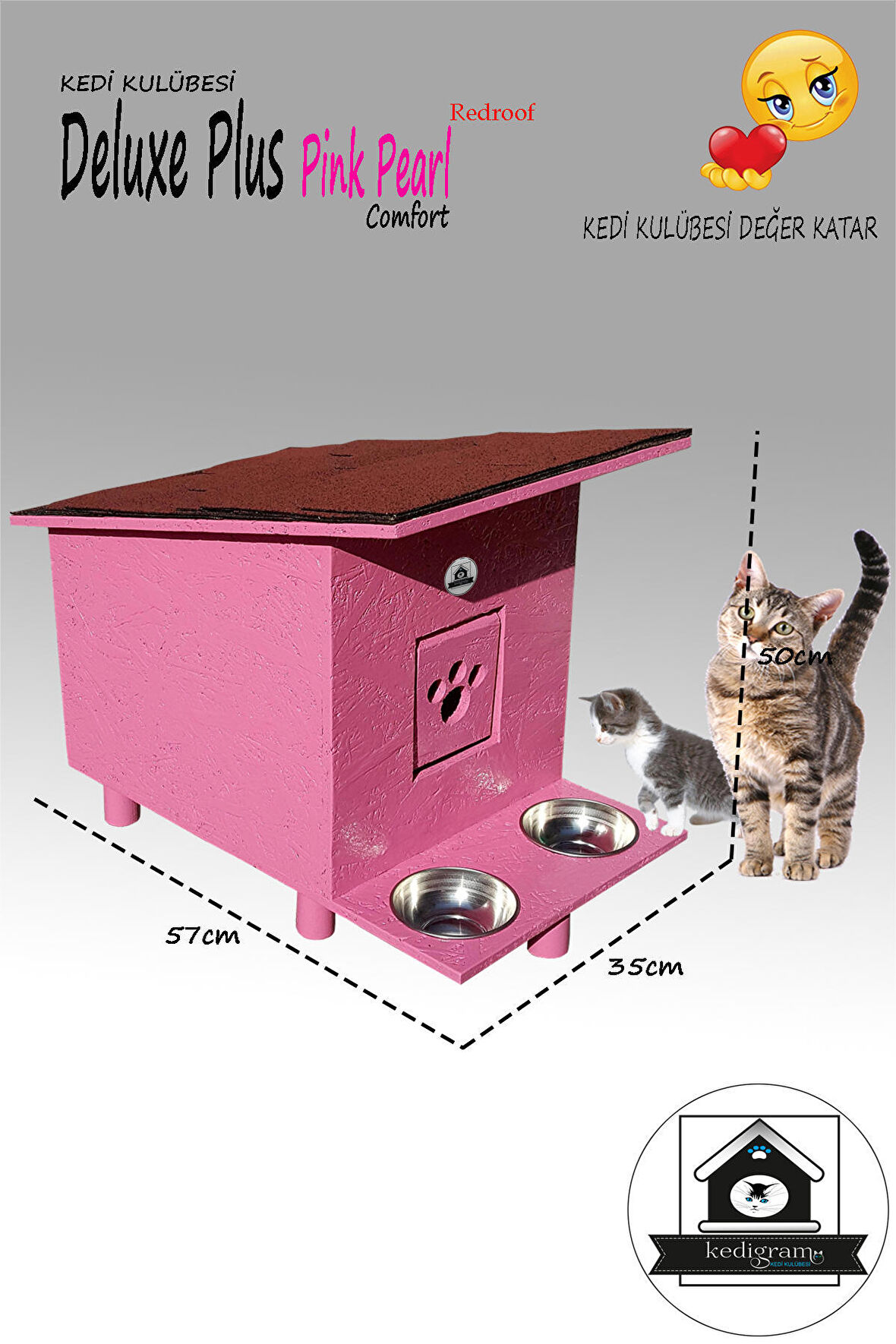 Kedigram Kedi Kulübesi Su Geçirmez Tek Katlı Açılır Kapaklı Kedi Evi Pembe 