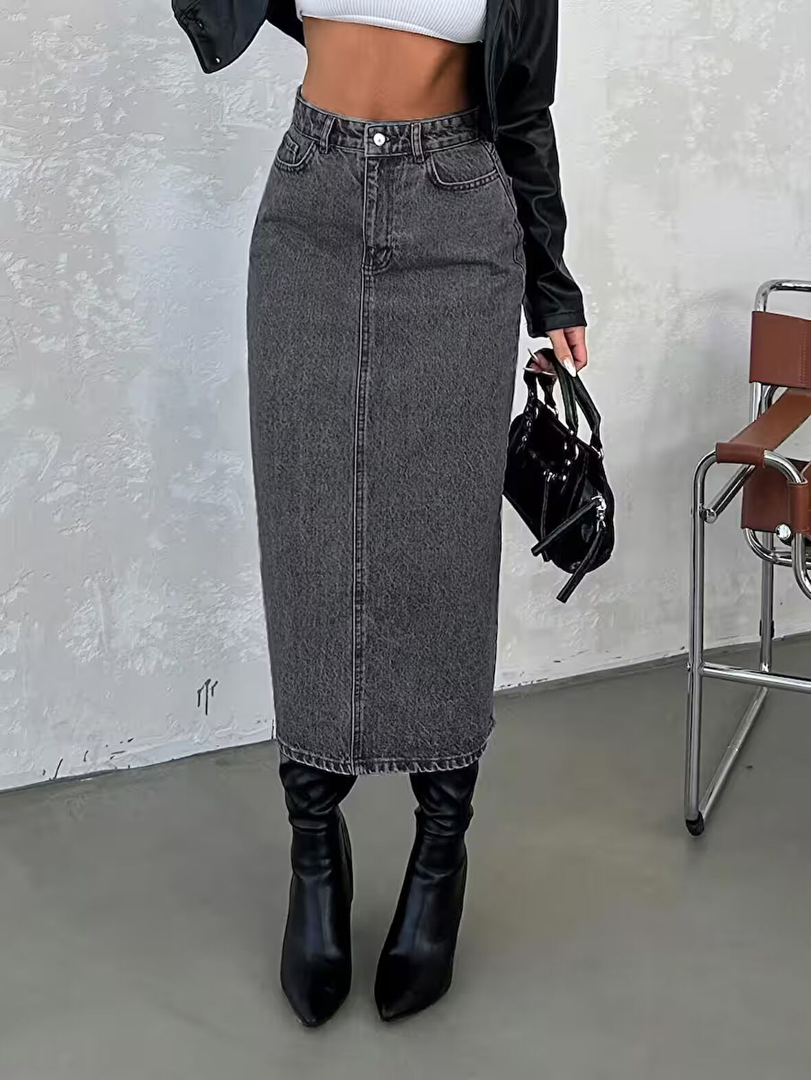 Kadın Yüksek Bel Pamuklu - Likrasız Denim Etek