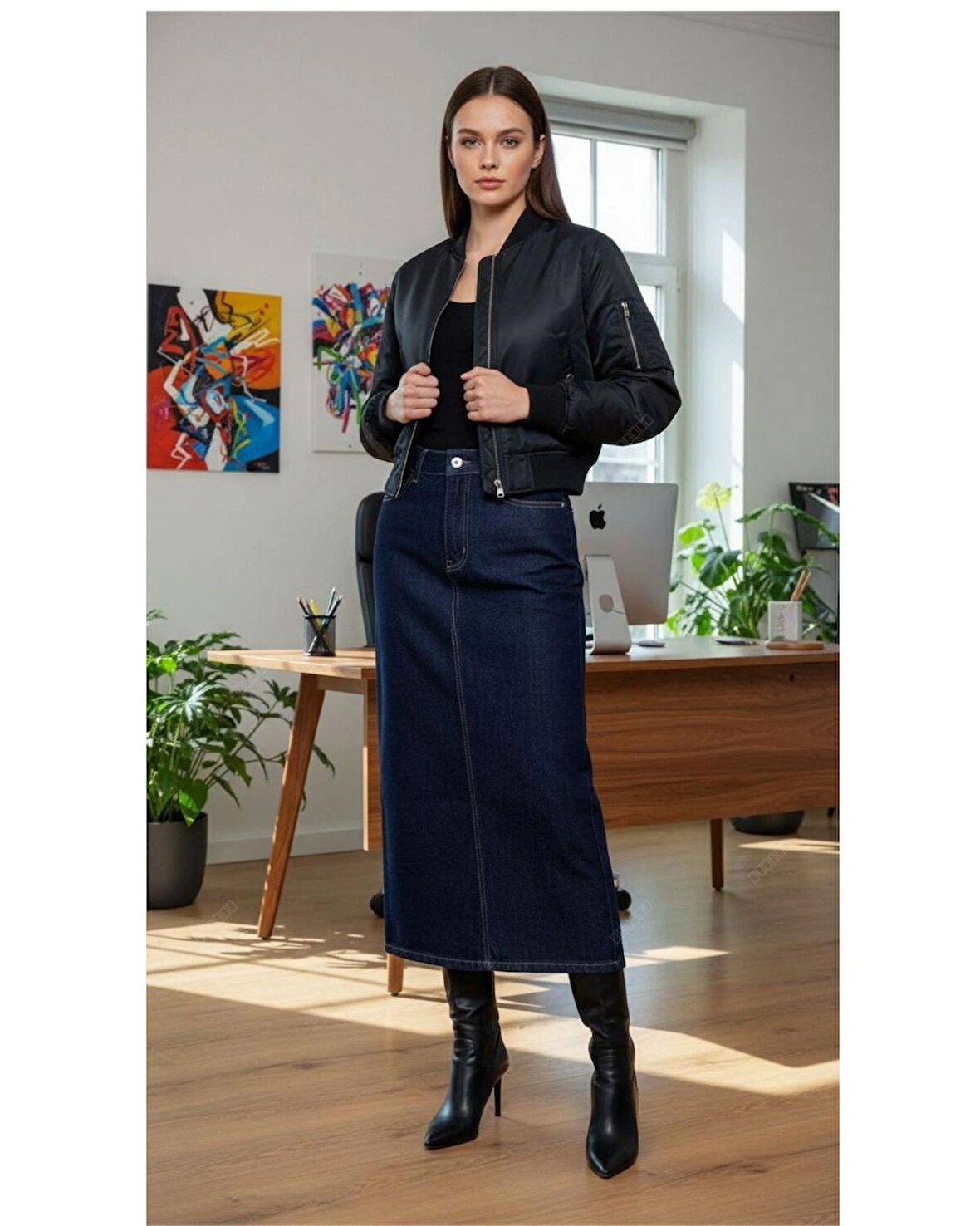 Kadın Yüksek Bel Pamuklu - Likrasız Denim Etek