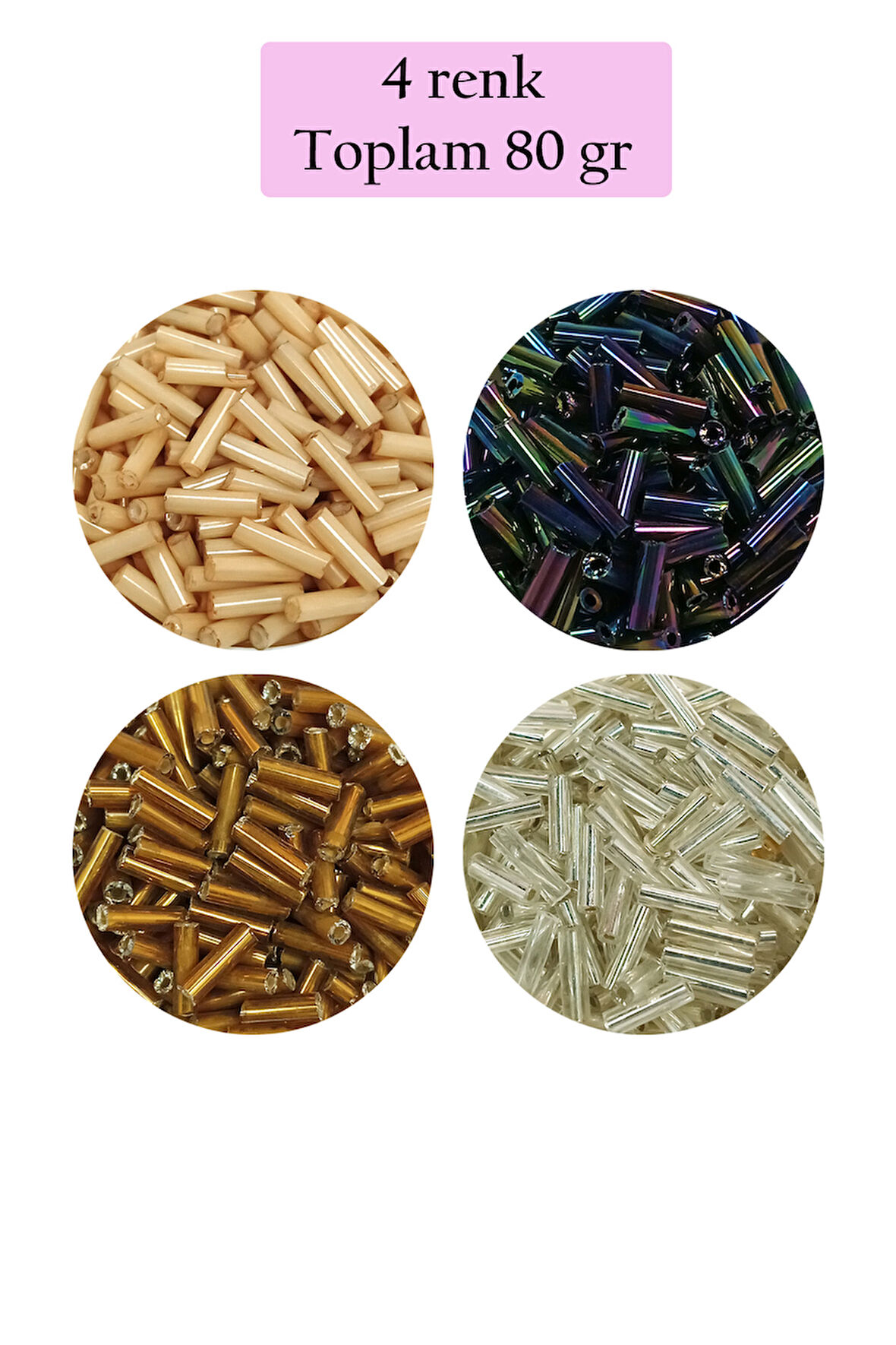 Uzun Boru Kesme Boncuk Çap 2mm Uzunluk 10 mm - 4 Renk - Toplam 80 Gram - BNC427