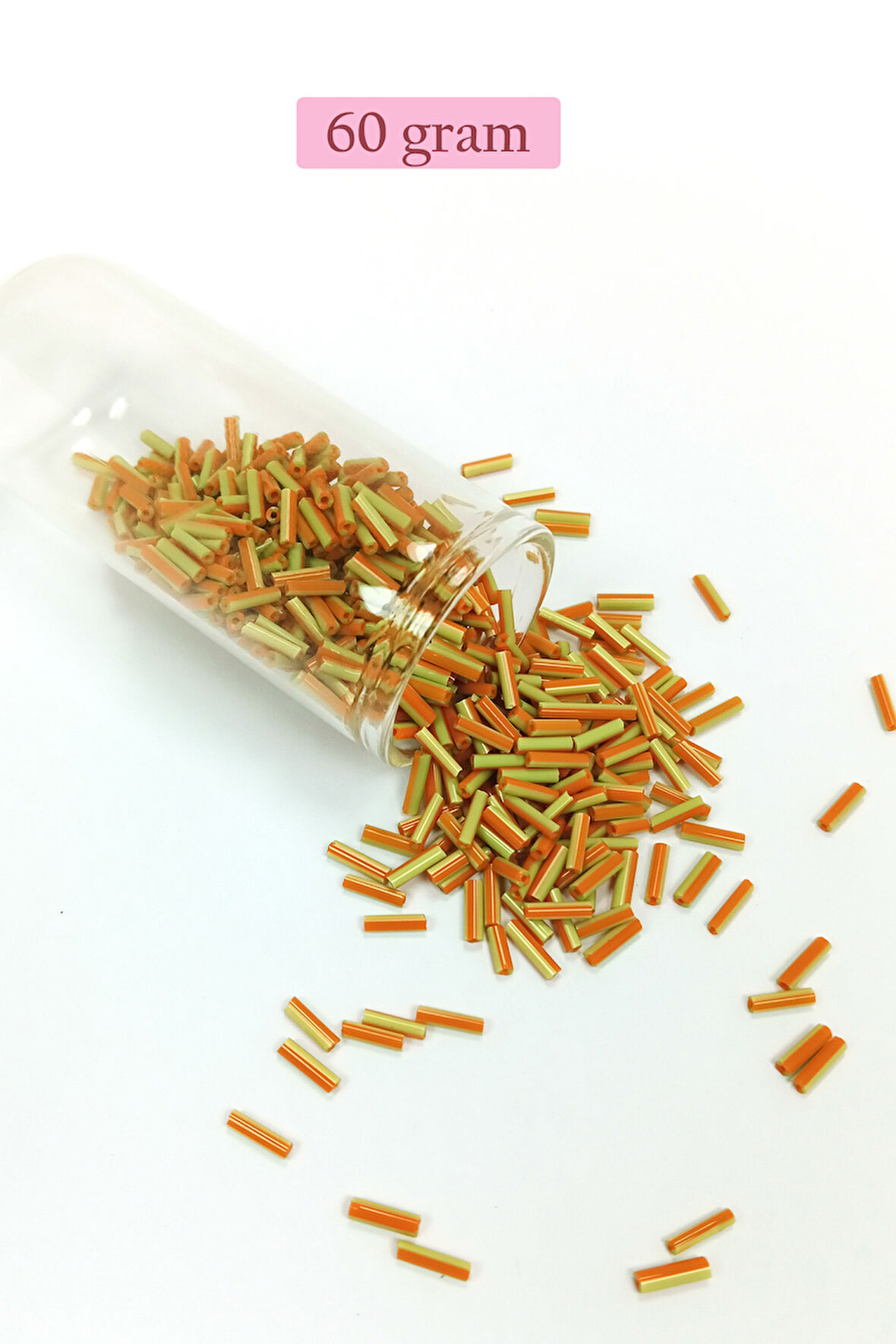 Uzun Boru Kesme Boncuk Çap 2mm Uzunluk 10 mm - 60 Gram - Yeşil Turuncu - BNC300